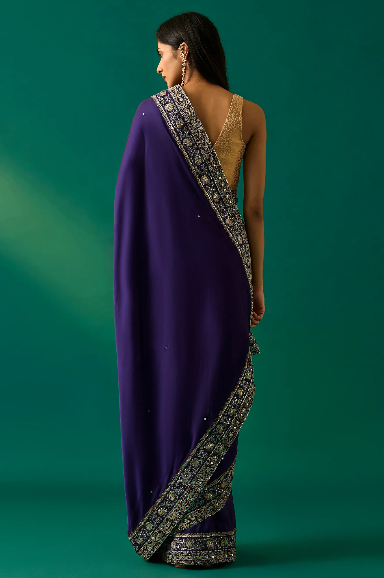 Purple Embroidered Zari Work Banarasi Satin Saree with Unstitched Blouse - Image 4