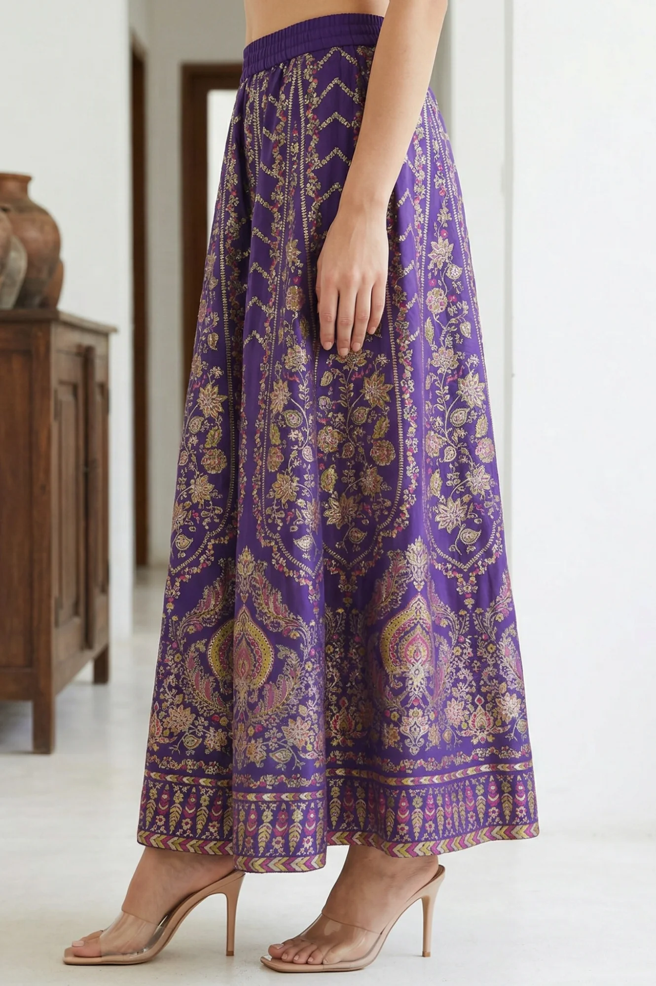 Elleven Women's Purple Ethnic Motifs Crepe Wide Leg Ankle Length Skirt - Image 2