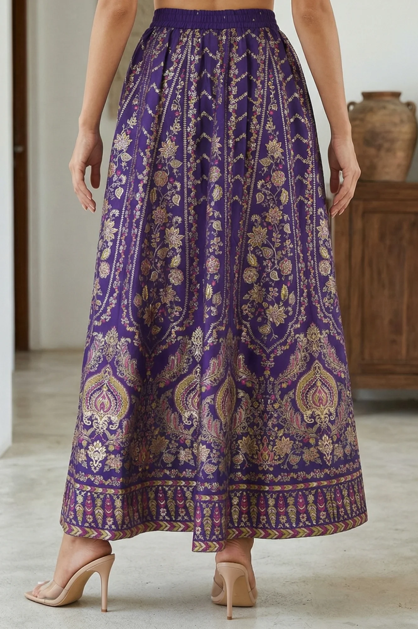 Elleven Women's Purple Ethnic Motifs Crepe Wide Leg Ankle Length Skirt - Image 3