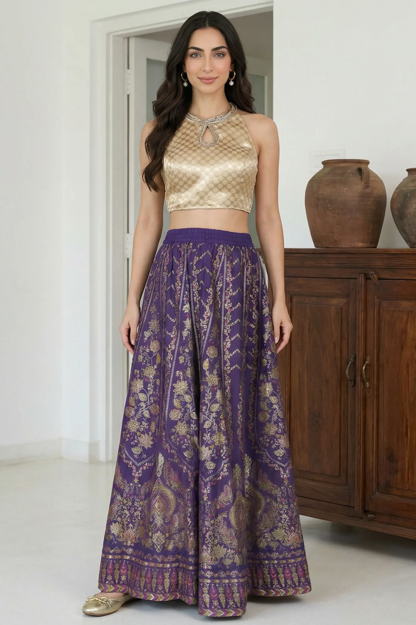 Elleven Women's Purple Ethnic Motifs Crepe Wide Leg Ankle Length Skirt - Image 4