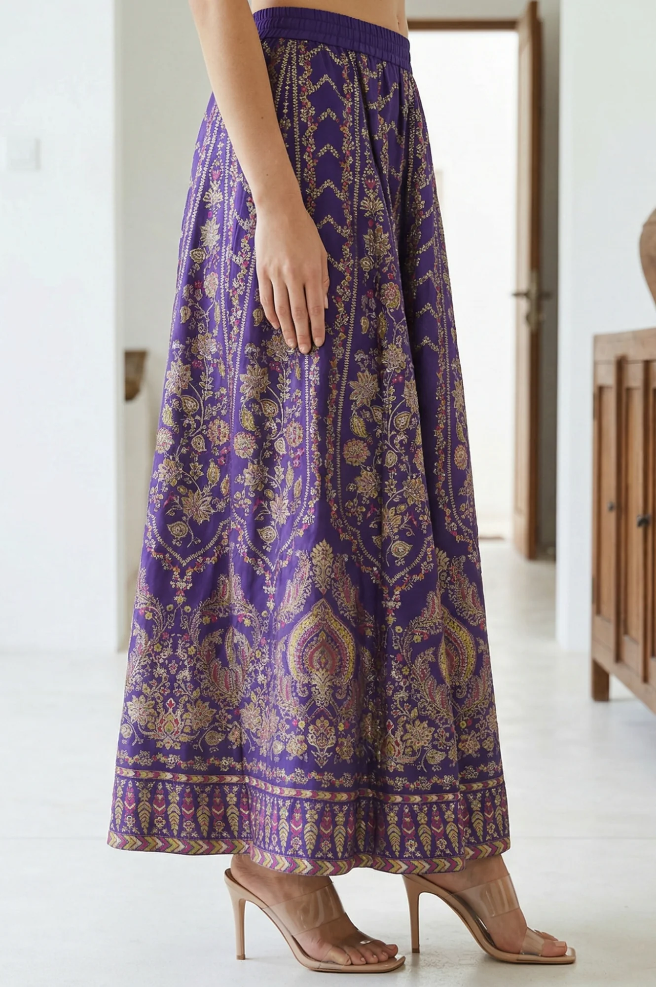 Elleven Women's Purple Ethnic Motifs Crepe Wide Leg Ankle Length Skirt - Image 5