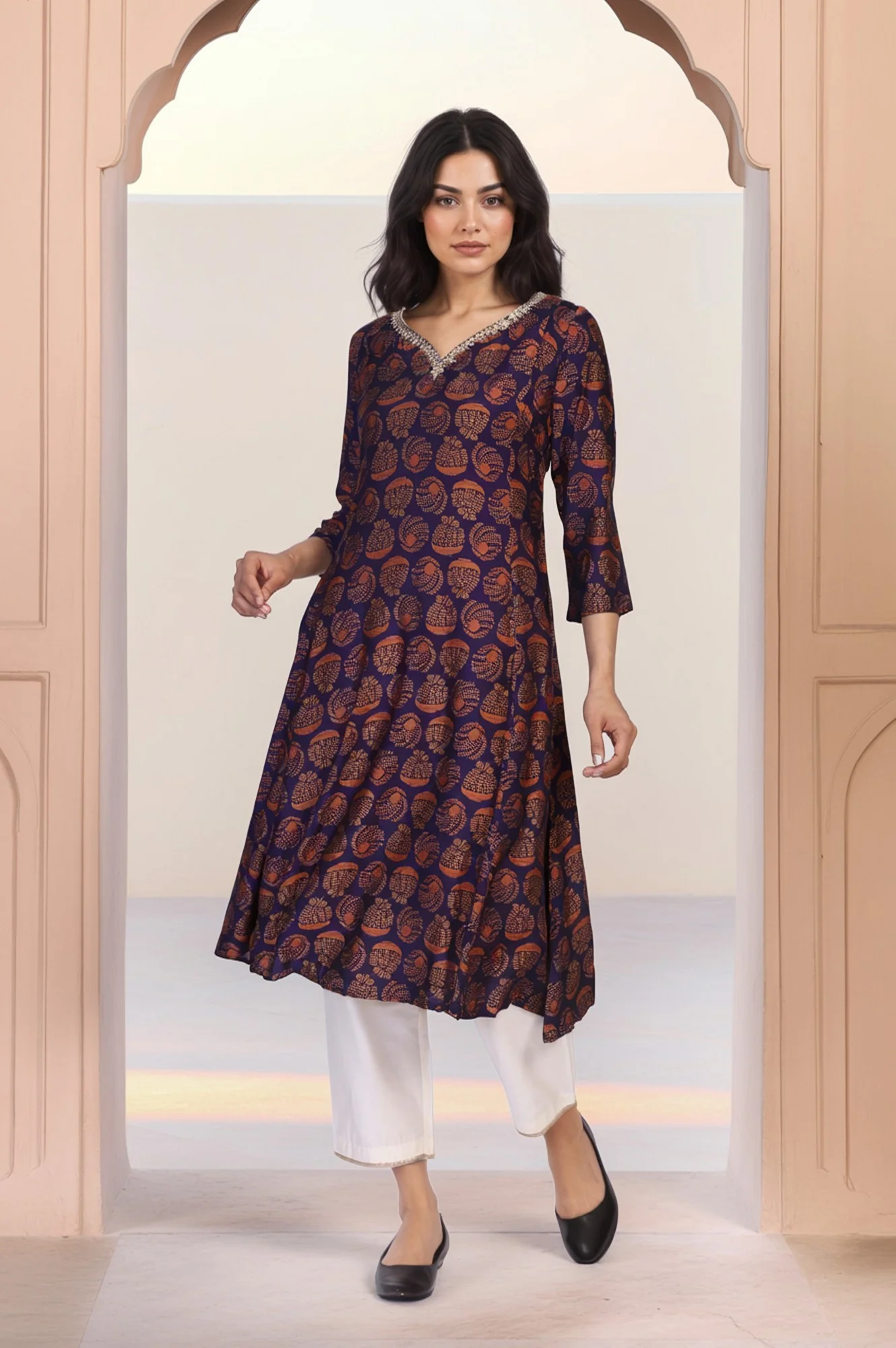 Purple Ethnic Motifs Printed Dori Embroidery Flared Crepe Kurta - Image 6