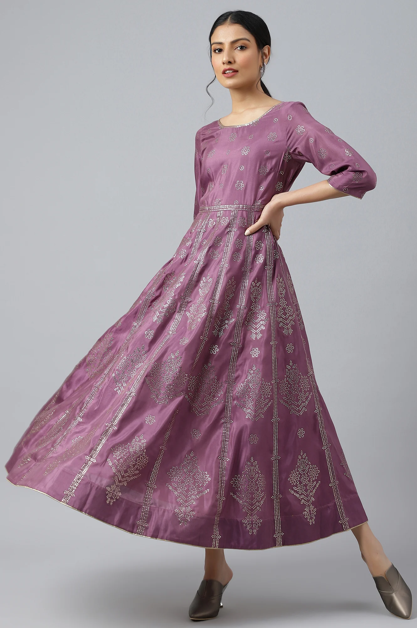 Purple Panelled Kalidar Ethnic Dress With Sequin - Image 5