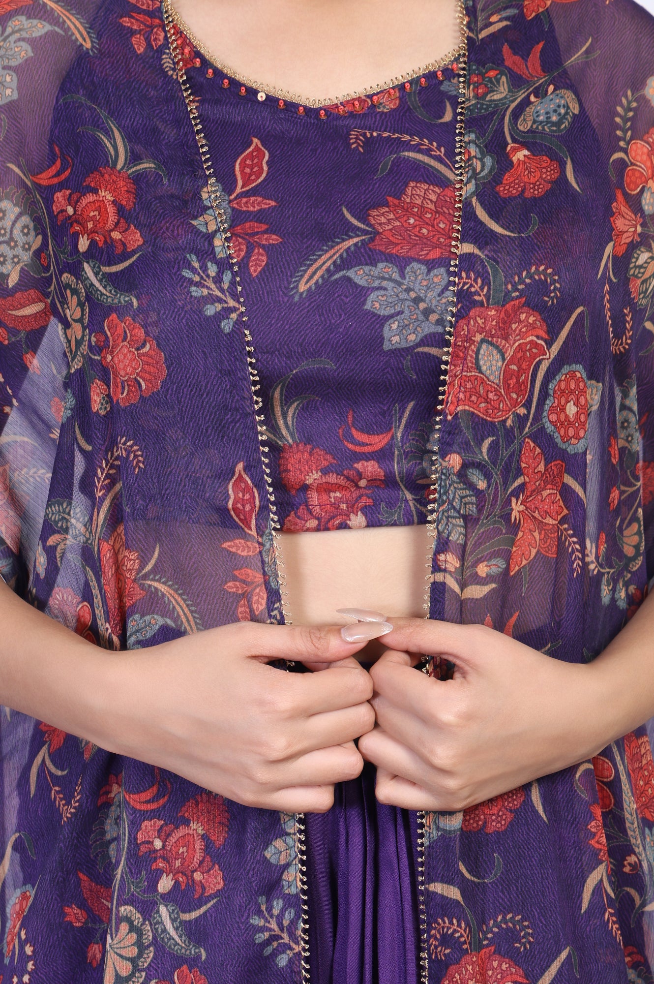 Purple Floral Embellished Chiffon Crop Top with Cape and Skirt Set - Image 3