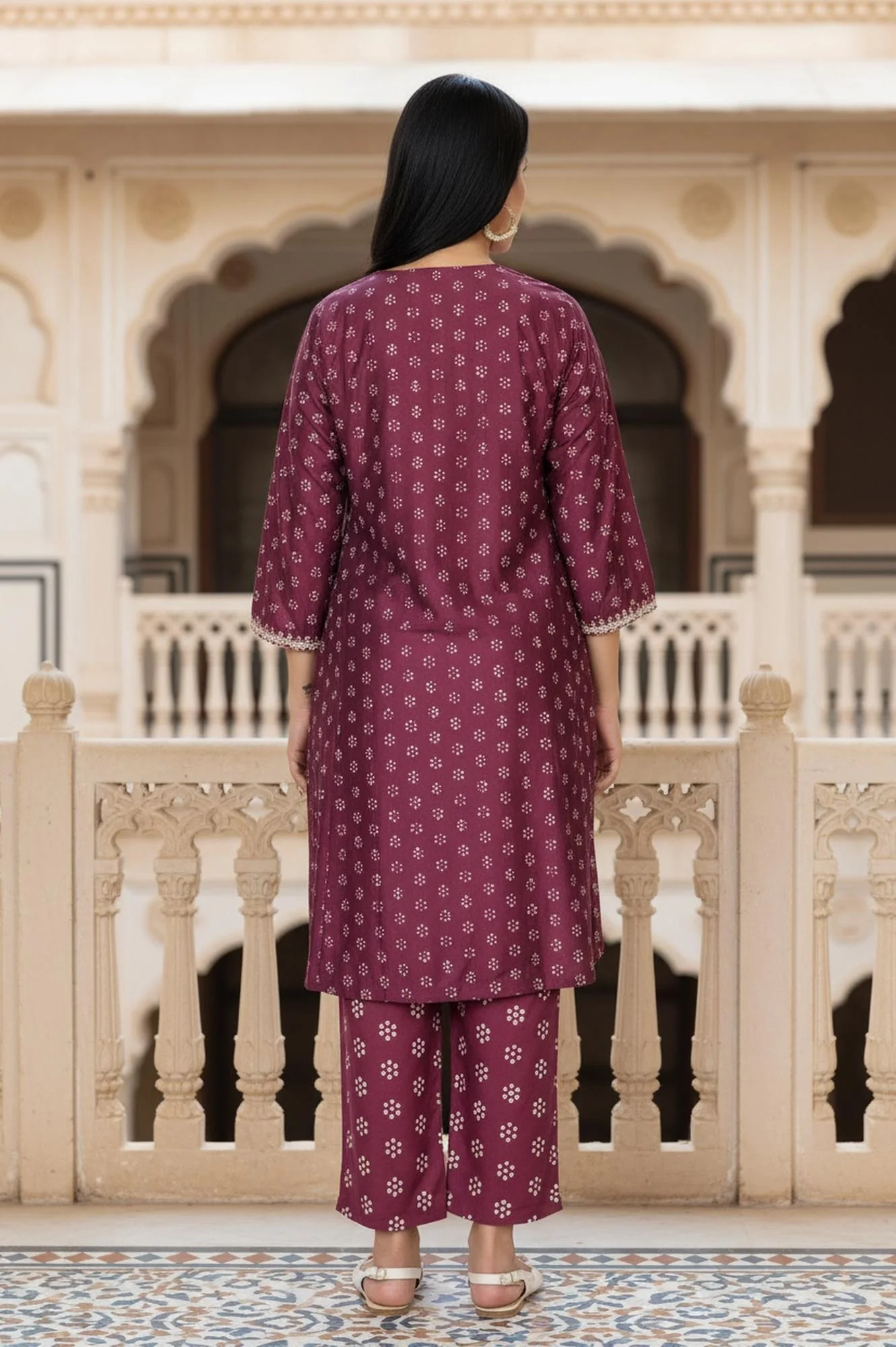 Purple Floral Print Embroidered Straight Silk Kurta - Image 5
