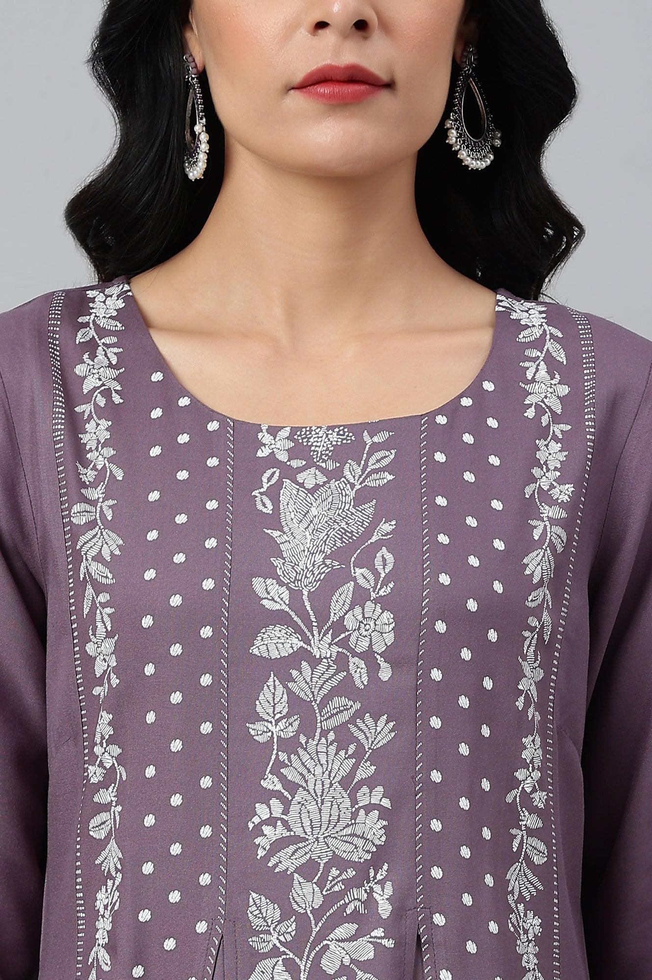 Purple Floral Print kurta With Godets - Image 8