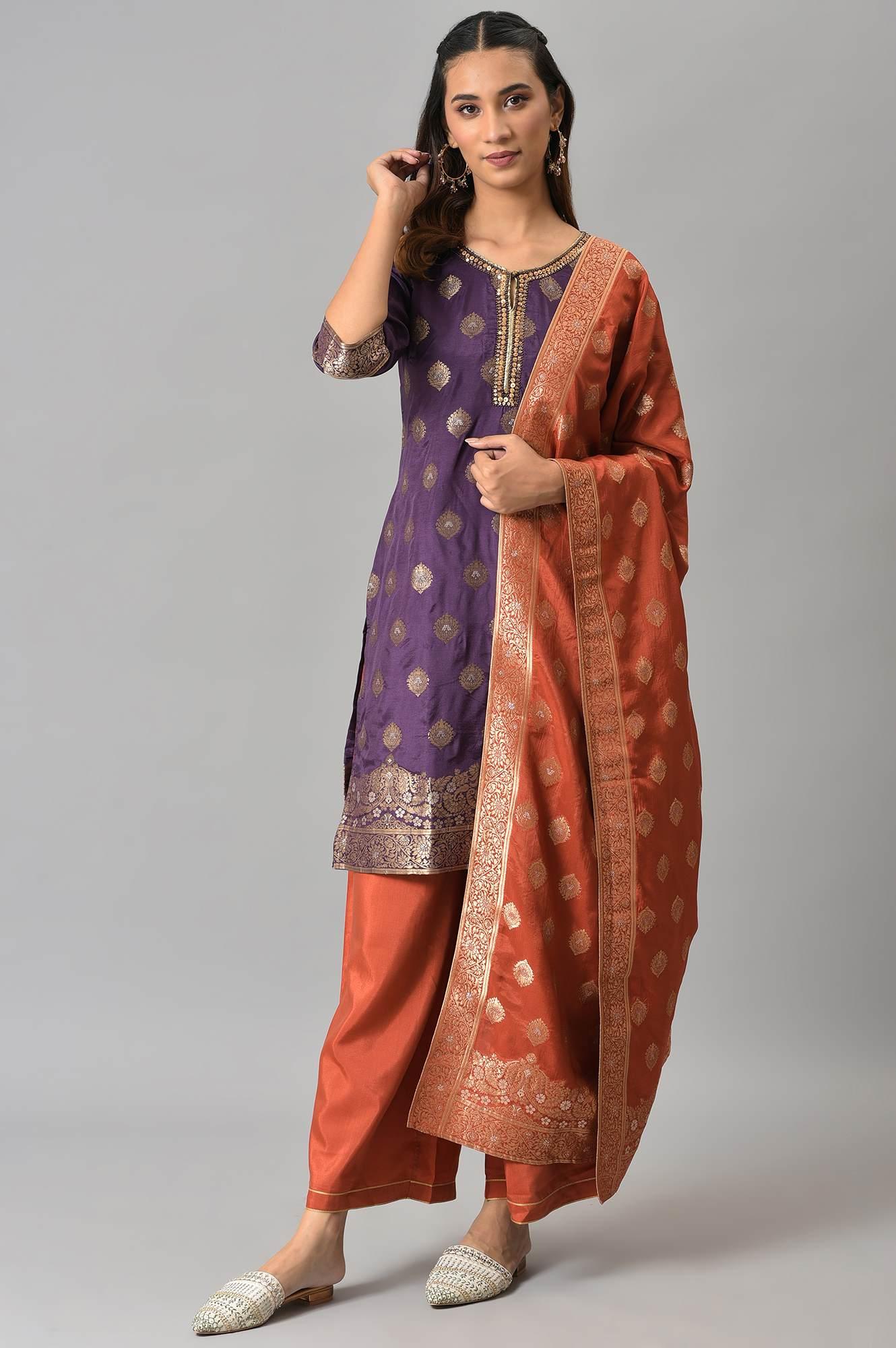 Purple Floral Print kurta With Orange Parallel Pants And Dupatta - Image 10