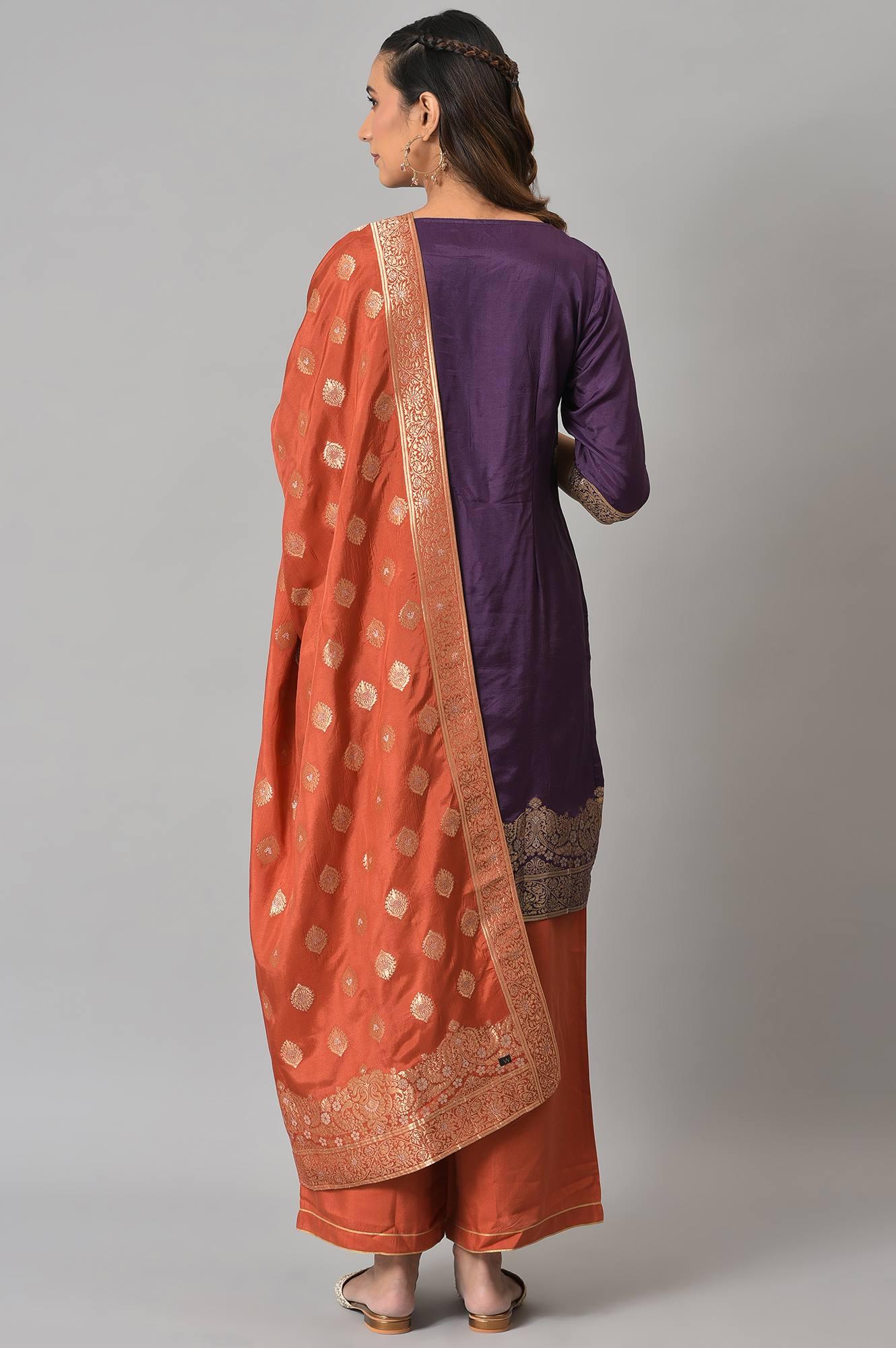 Purple Floral Print kurta With Orange Parallel Pants And Dupatta - Image 2