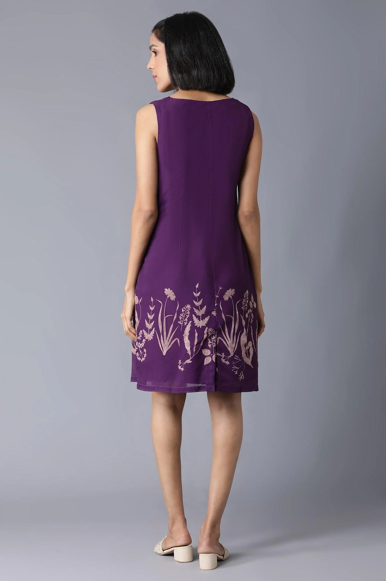 Purple Floral Print Sleeveless Dress In Round Neck - Image 2