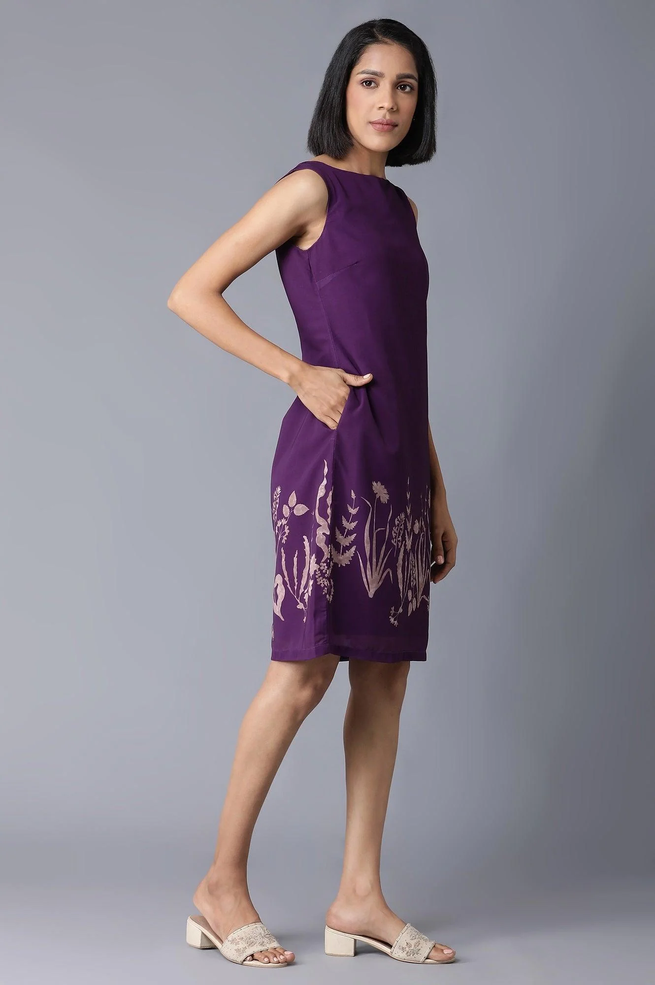 Purple Floral Print Sleeveless Dress In Round Neck - Image 4