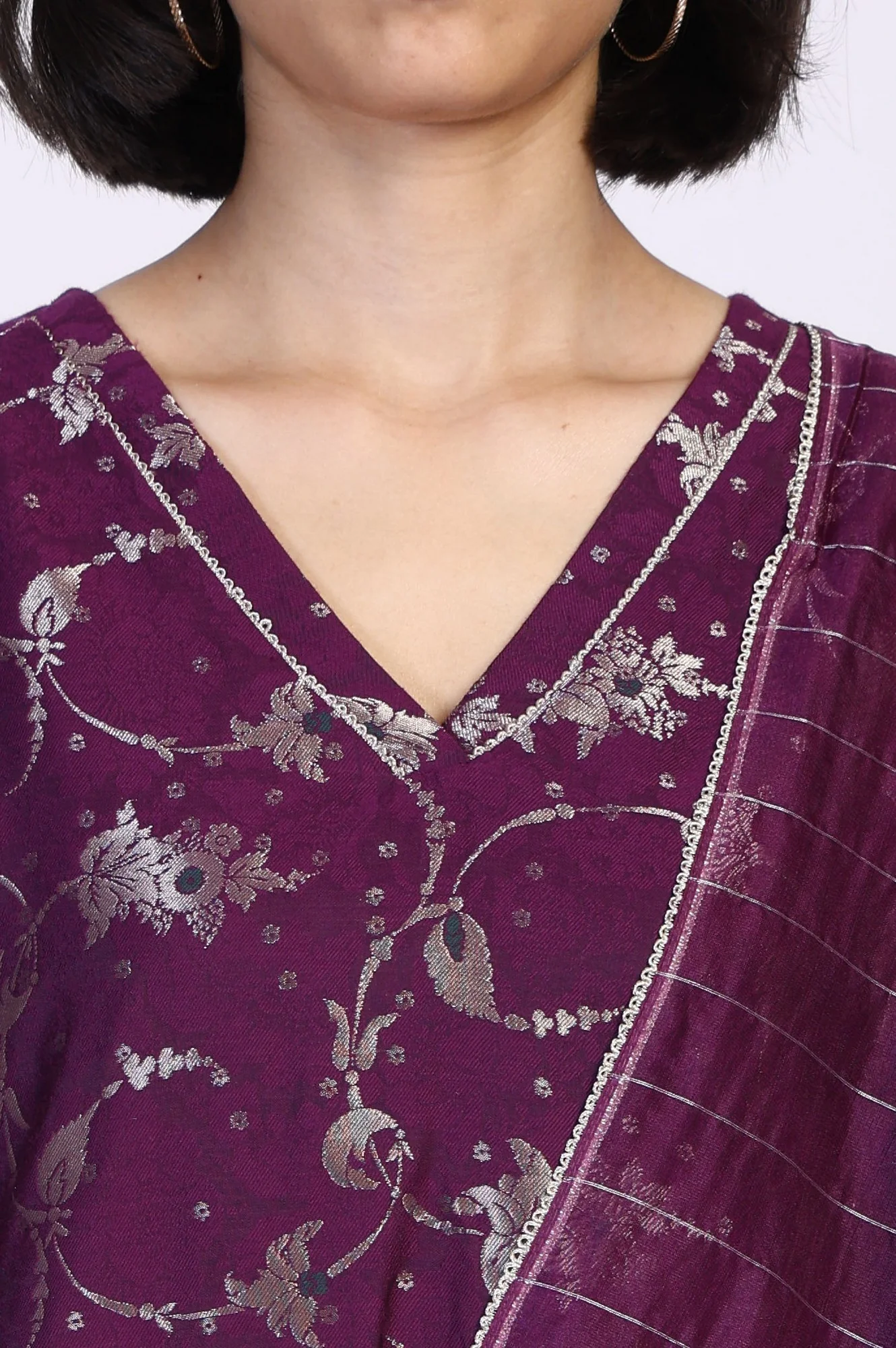 Purple Floral Print Tape A-Line Jacquard Kurta with Straight Pant and Dupatta Set - Image 3