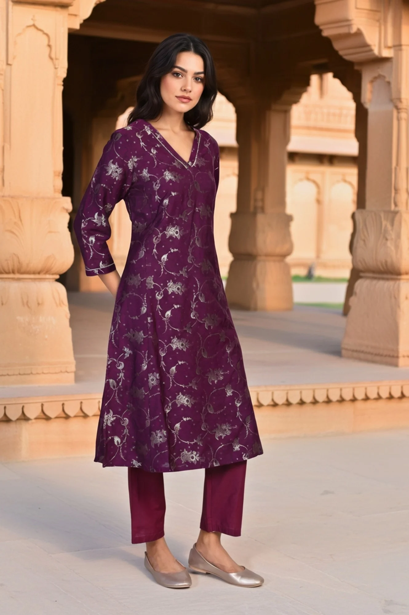Purple Floral Print Tape A-Line Jacquard Kurta with Straight Pant and Dupatta Set - Image 4