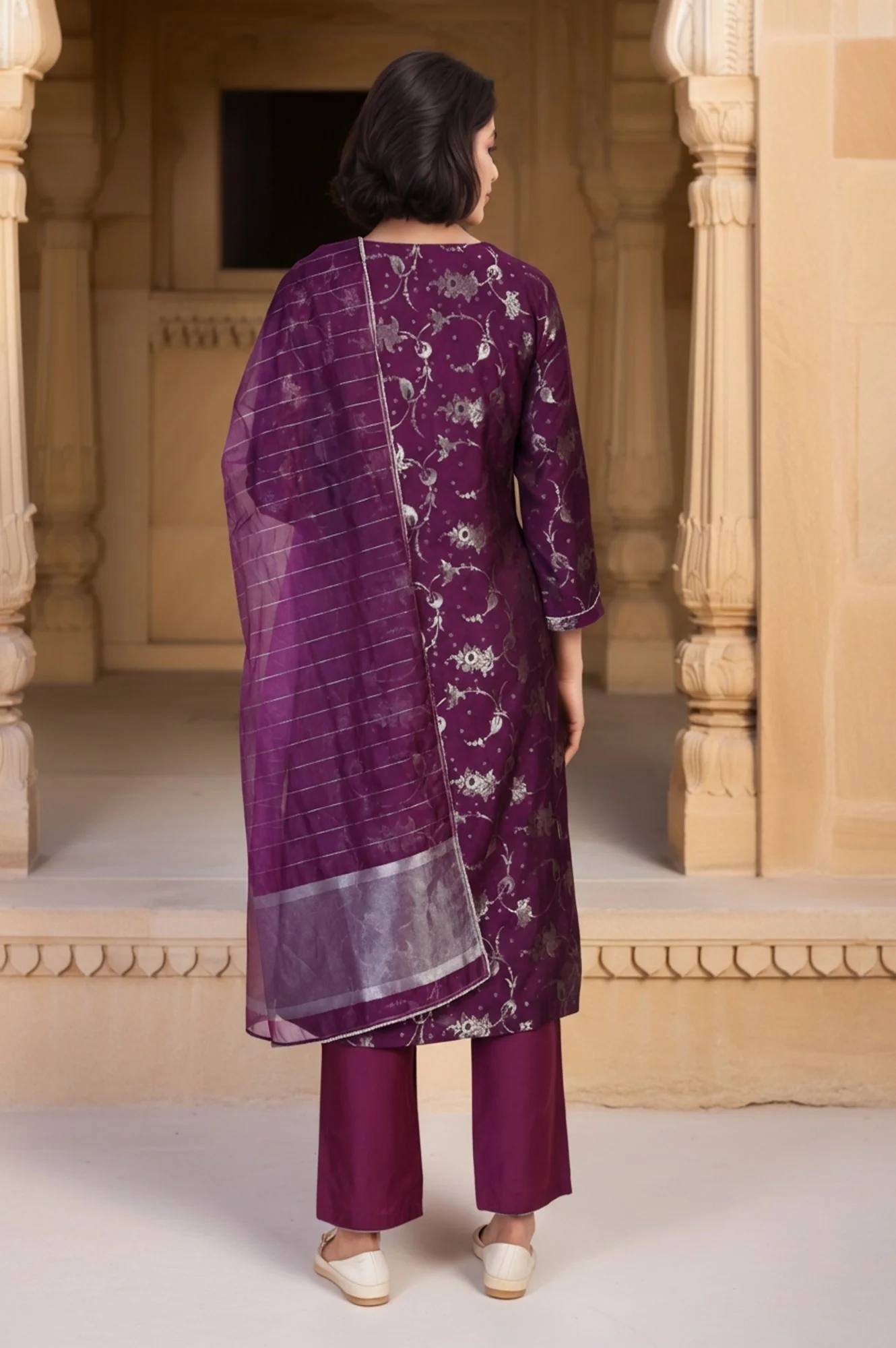 Purple Floral Print Tape A-Line Jacquard Kurta with Straight Pant and Dupatta Set - Image 5