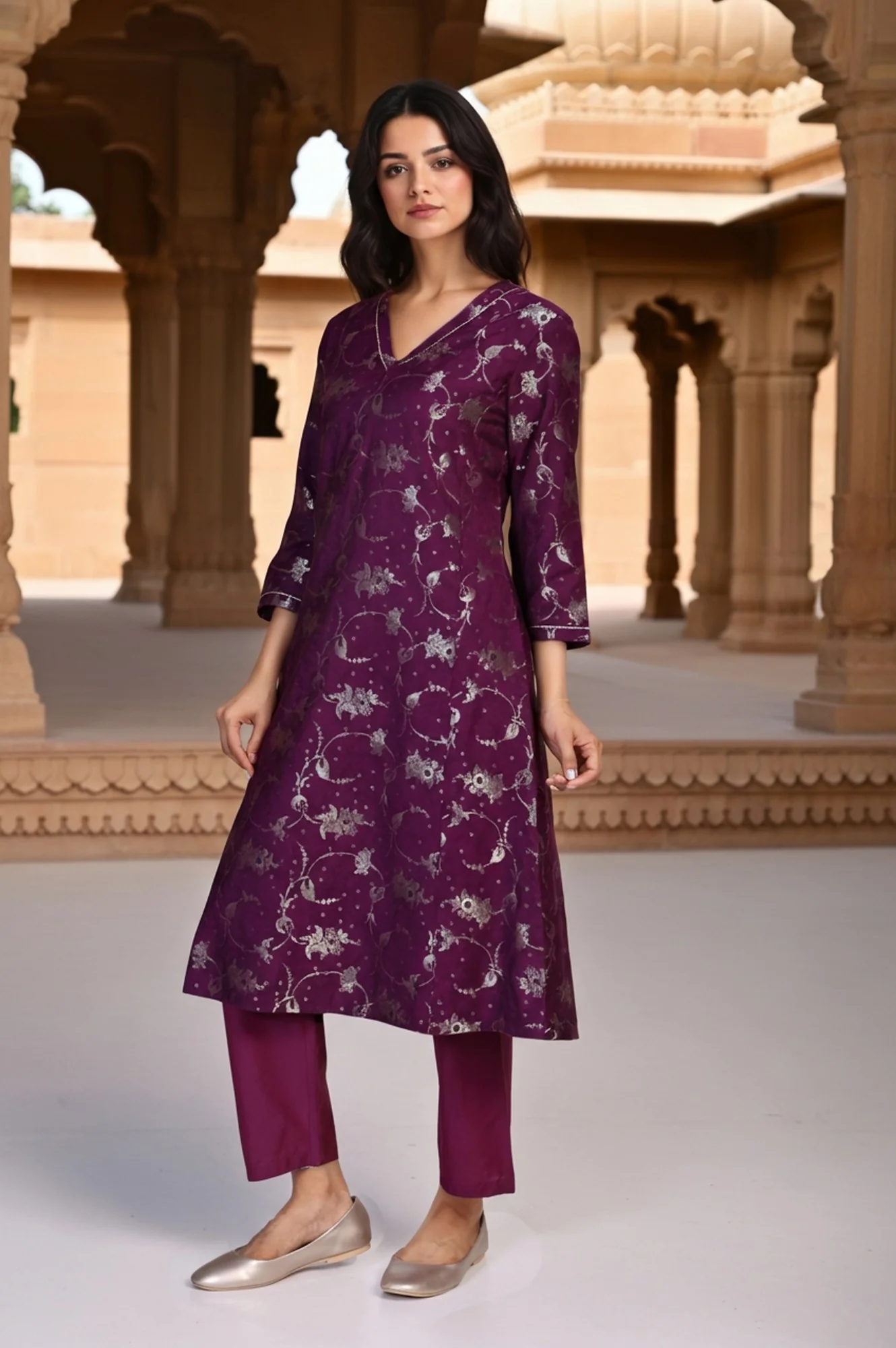 Purple Floral Print Tape A-Line Jacquard Kurta with Straight Pant and Dupatta Set - Image 6