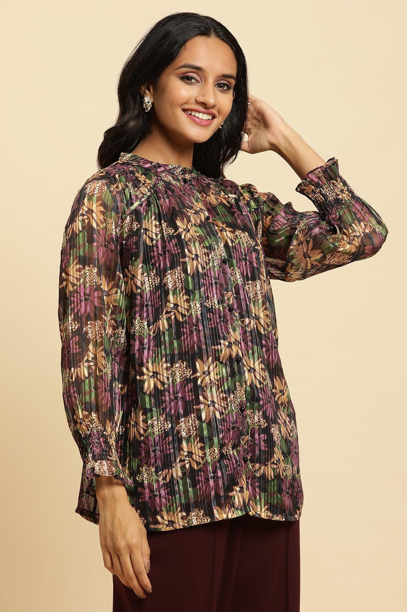 Purple Floral Printed Chiffon Lurex Top - Image 4