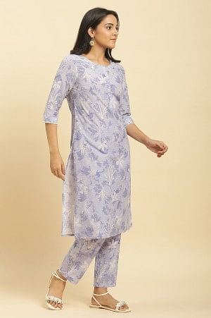 Purple Floral Printed Cotton Kurta And Pants Co-Ord Set - Image 5