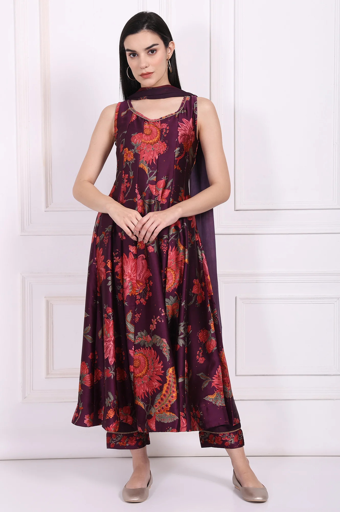 Purple Floral Printed Embellished Anarkali Satin Kurta with Straight Pant and Dupatta Set - Image 2