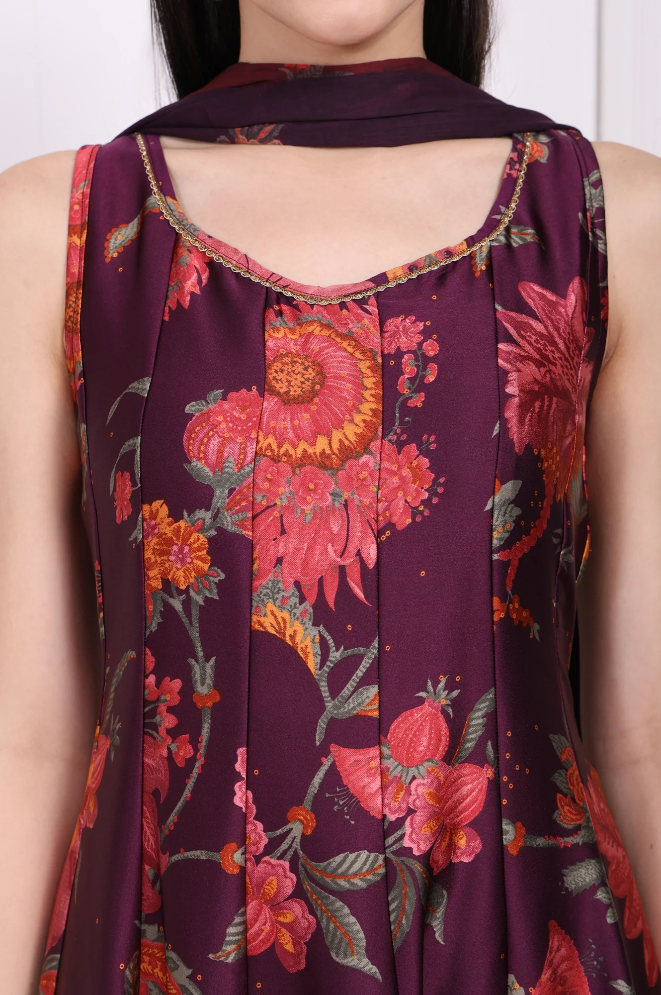 Purple Floral Printed Embellished Anarkali Satin Kurta with Straight Pant and Dupatta Set - Image 3