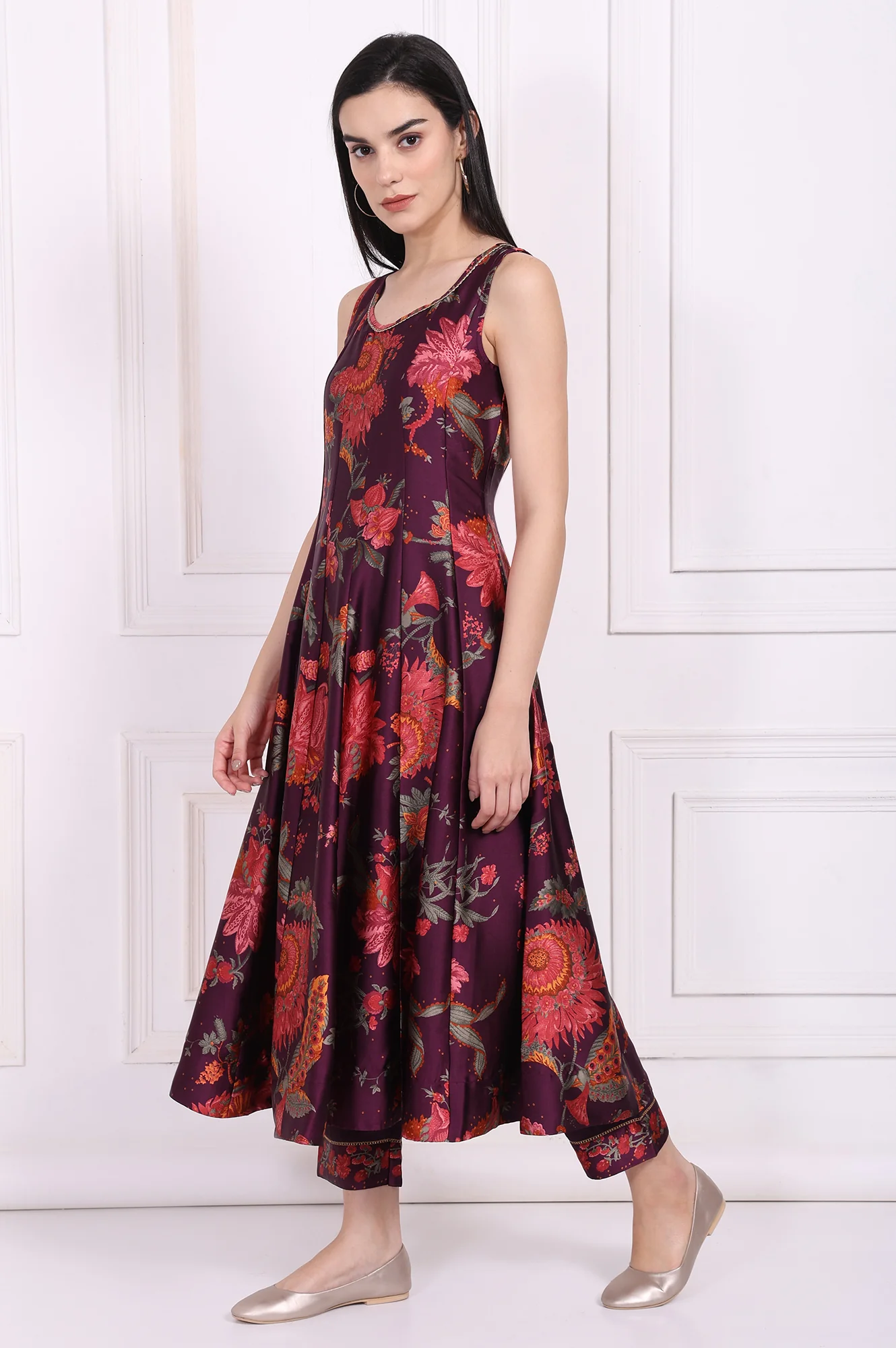 Purple Floral Printed Embellished Anarkali Satin Kurta with Straight Pant and Dupatta Set - Image 4