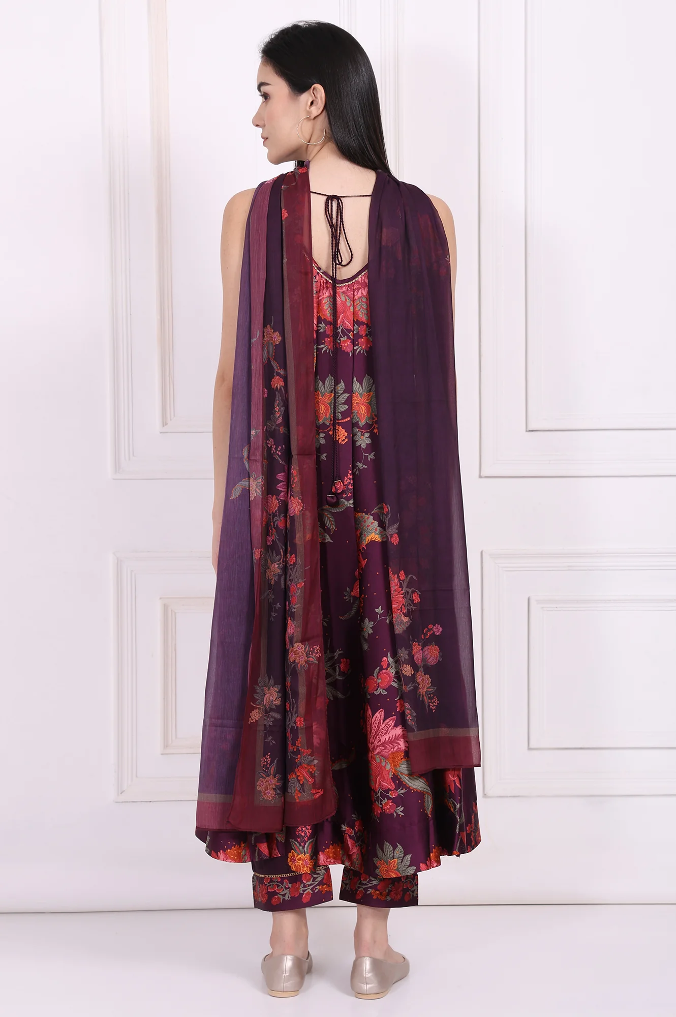 Purple Floral Printed Embellished Anarkali Satin Kurta with Straight Pant and Dupatta Set - Image 5