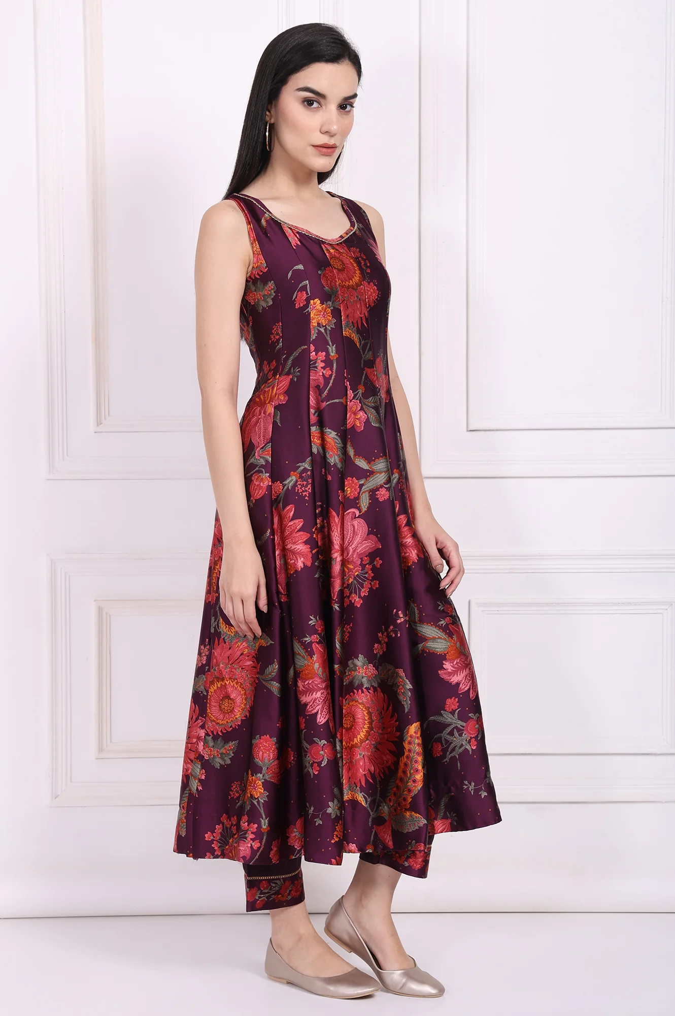 Purple Floral Printed Embellished Anarkali Satin Kurta with Straight Pant and Dupatta Set - Image 6