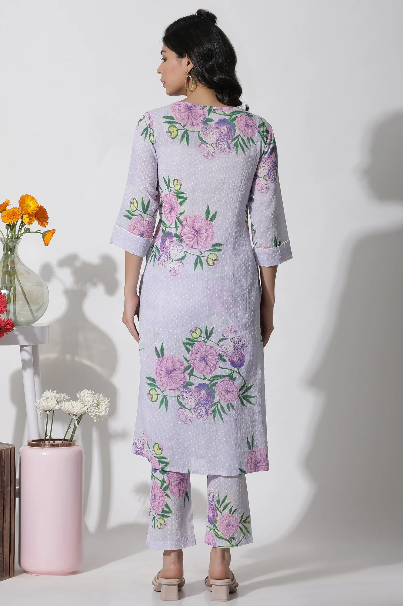 Purple Floral Printed Kurta and Pants Set - Image 5