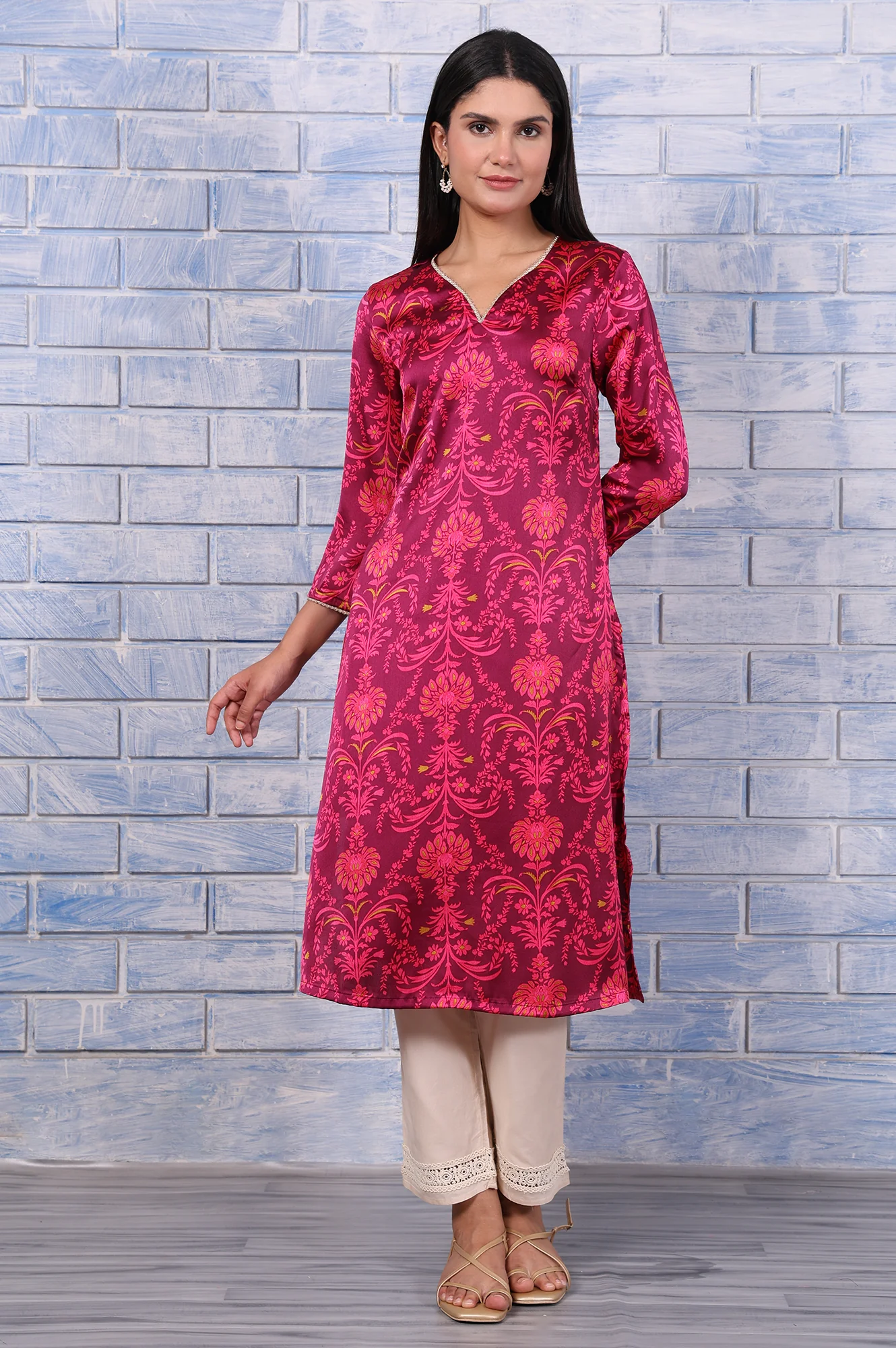 Purple Floral Printed Japanese Satin Straight Kurta