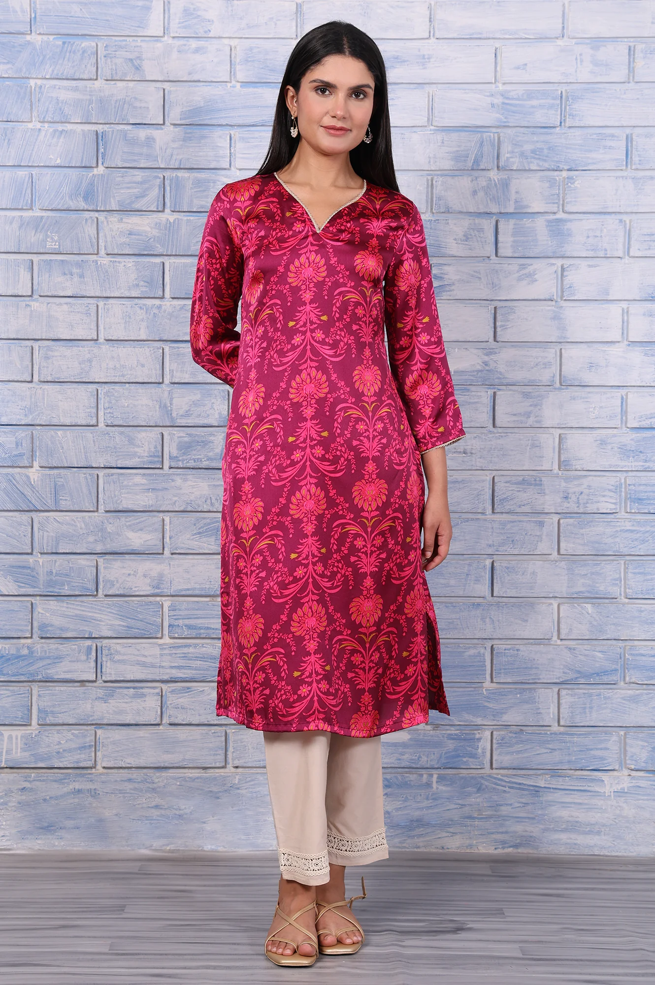 Purple Floral Printed Japanese Satin Straight Kurta - Image 2