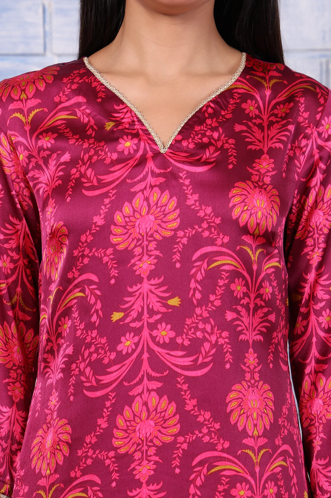 Purple Floral Printed Japanese Satin Straight Kurta - Image 3