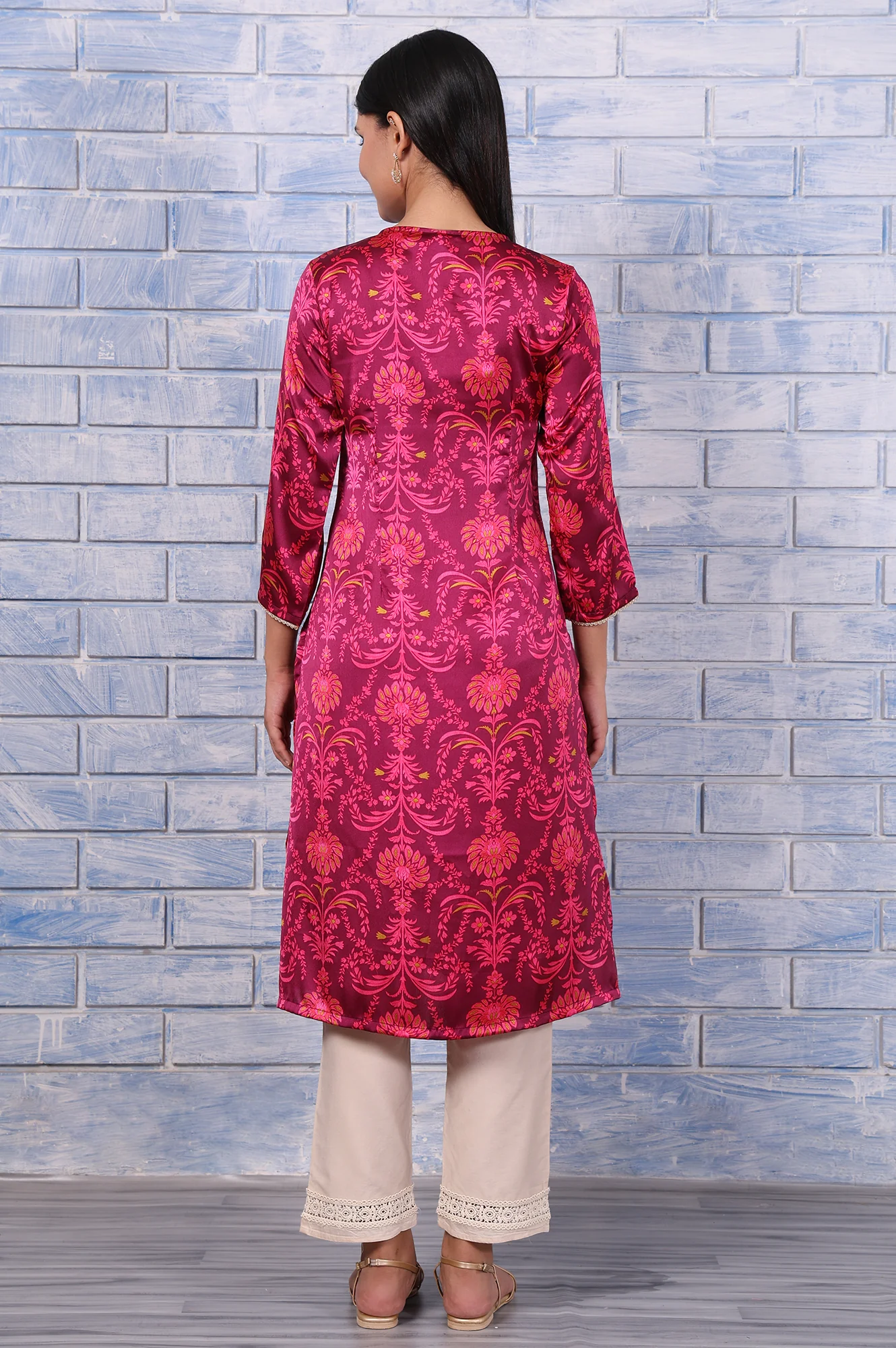 Purple Floral Printed Japanese Satin Straight Kurta - Image 5