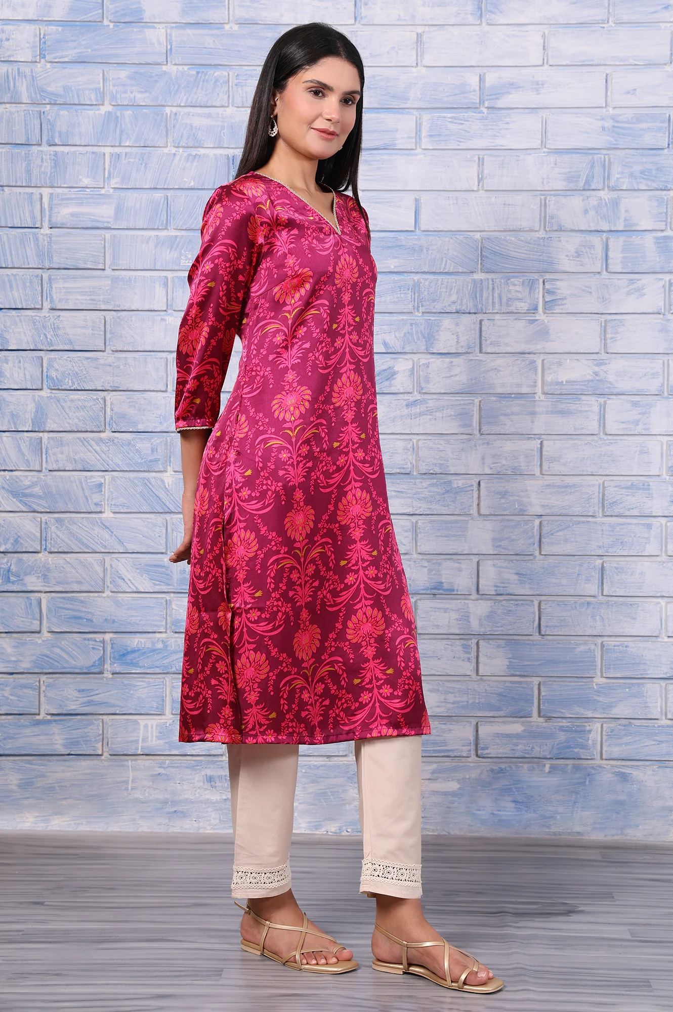 Purple Floral Printed Japanese Satin Straight Kurta - Image 6