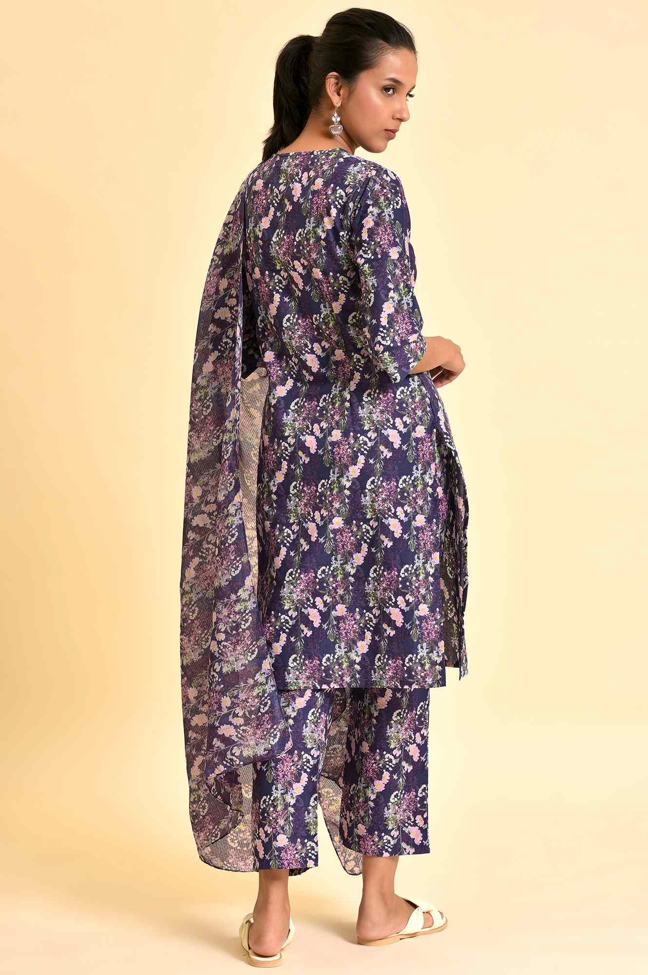 Purple Floral Printed Kurta, Pants & Dupatta Set - Image 3