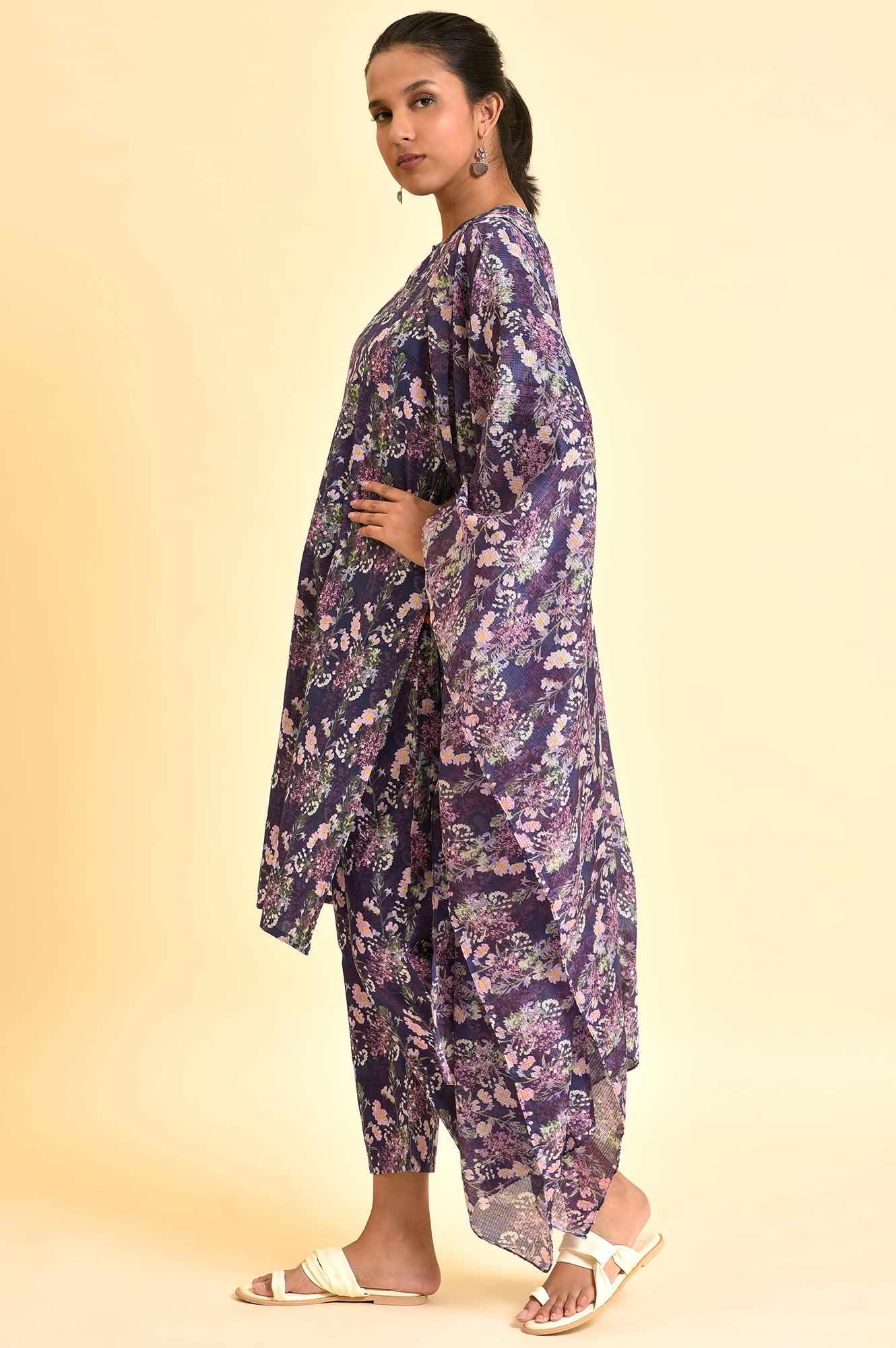 Purple Floral Printed Kurta, Pants & Dupatta Set - Image 4