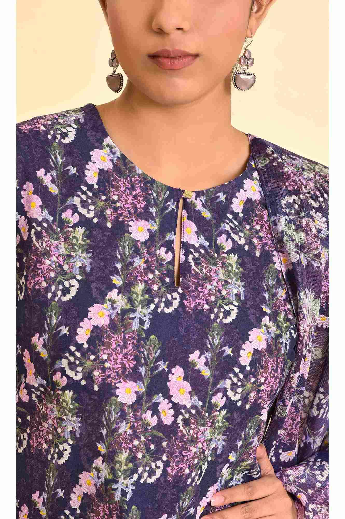 Purple Floral Printed Kurta, Pants & Dupatta Set - Image 6