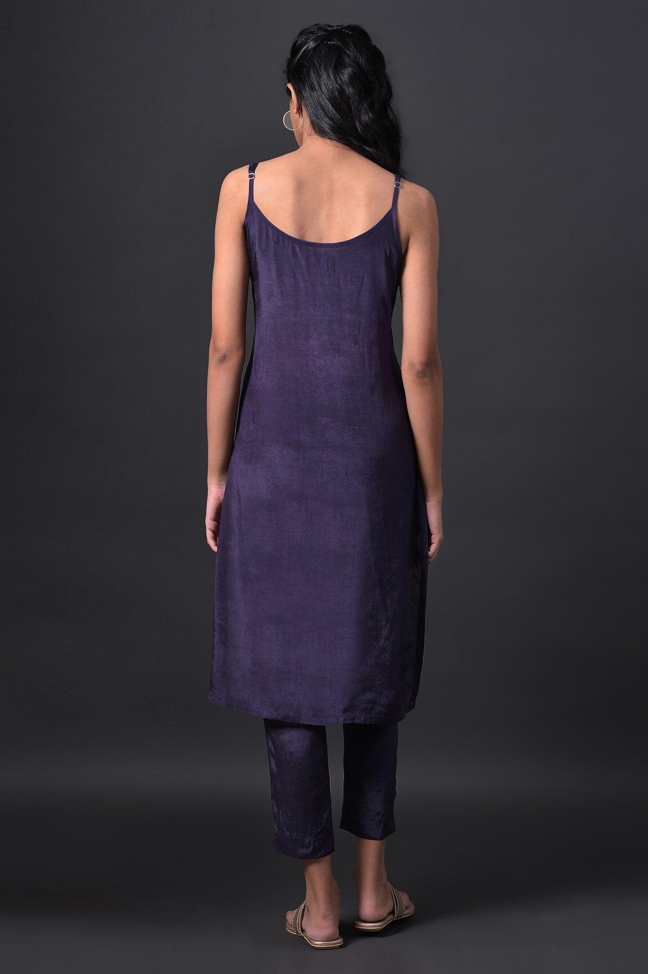Purple Floral Printed kurta With Solid Slip, Slim Pants And Dupatta - Image 10