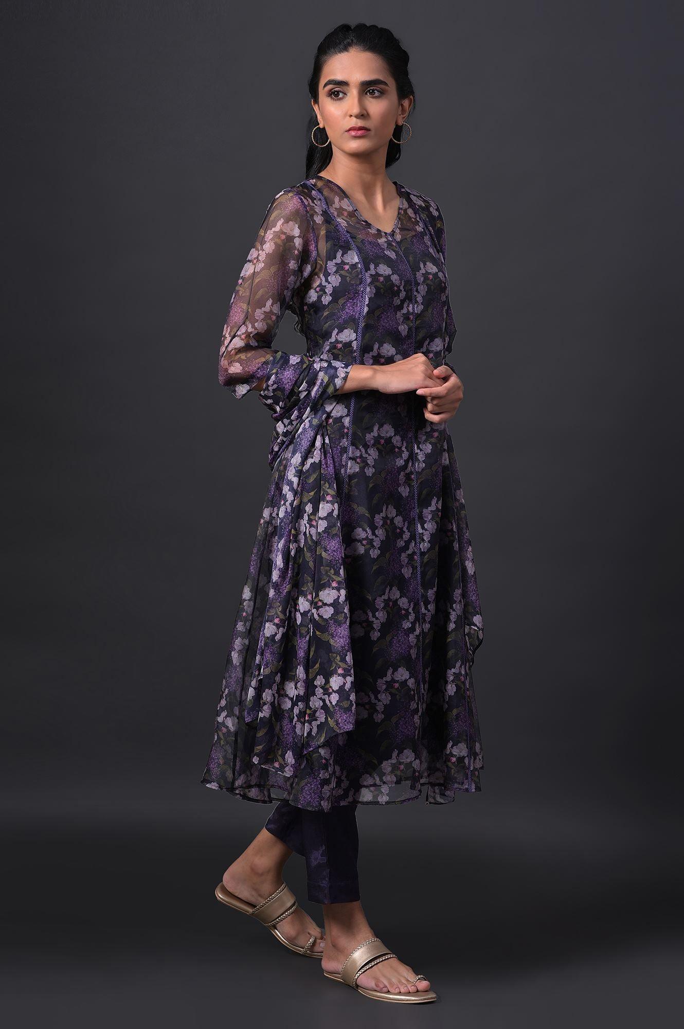 Purple Floral Printed kurta With Solid Slip, Slim Pants And Dupatta - Image 4