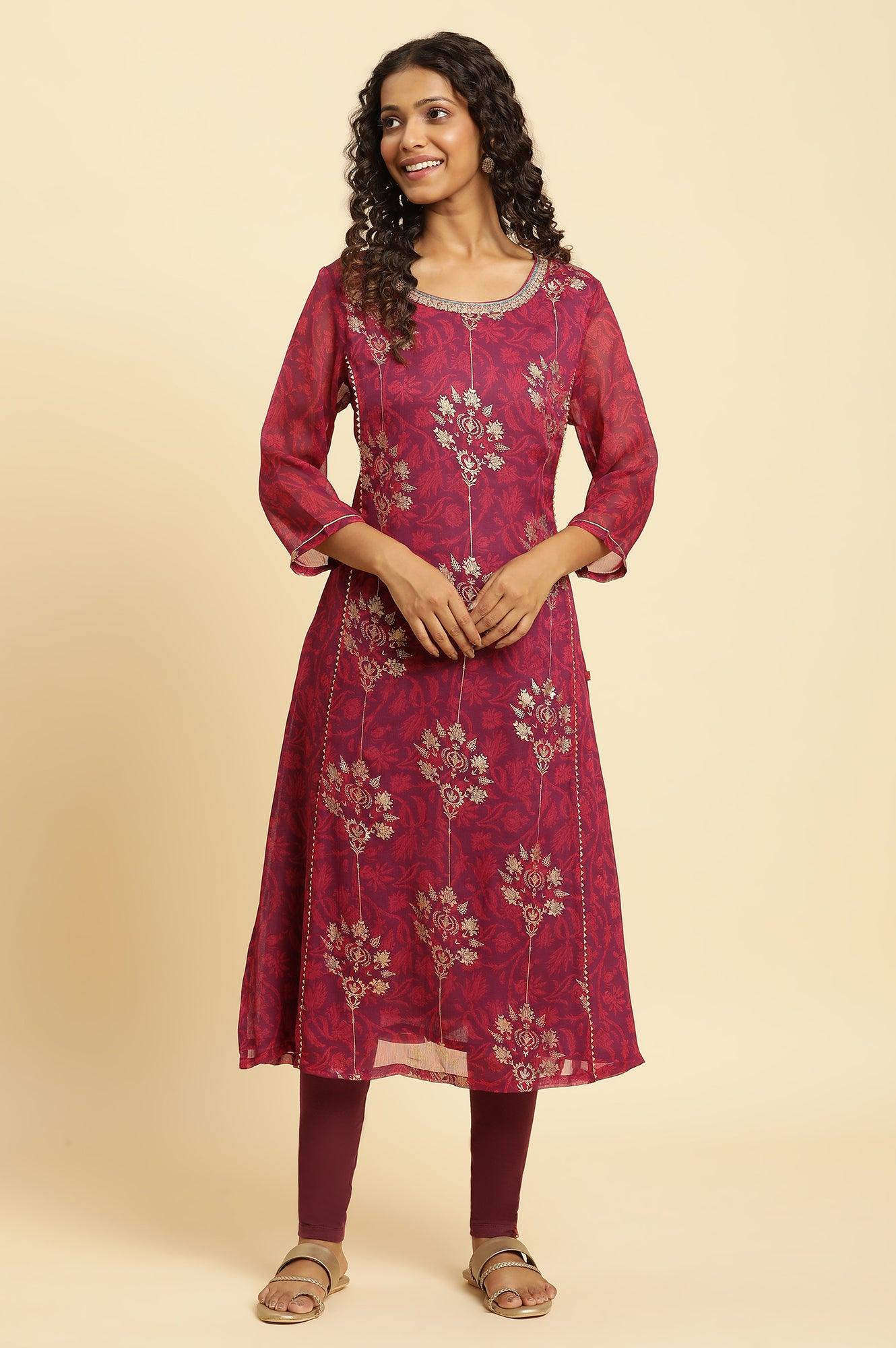 Purple Floral Printed Kurta With Zari Embroidery - Image 2