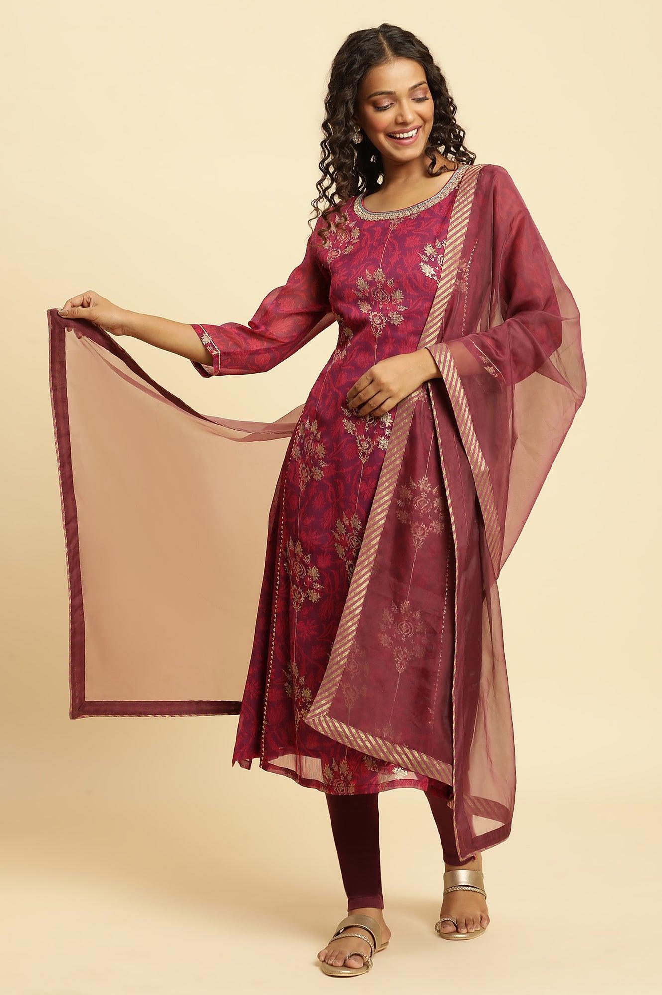 Purple Floral Printed Kurta With Zari Embroidery - Image 6