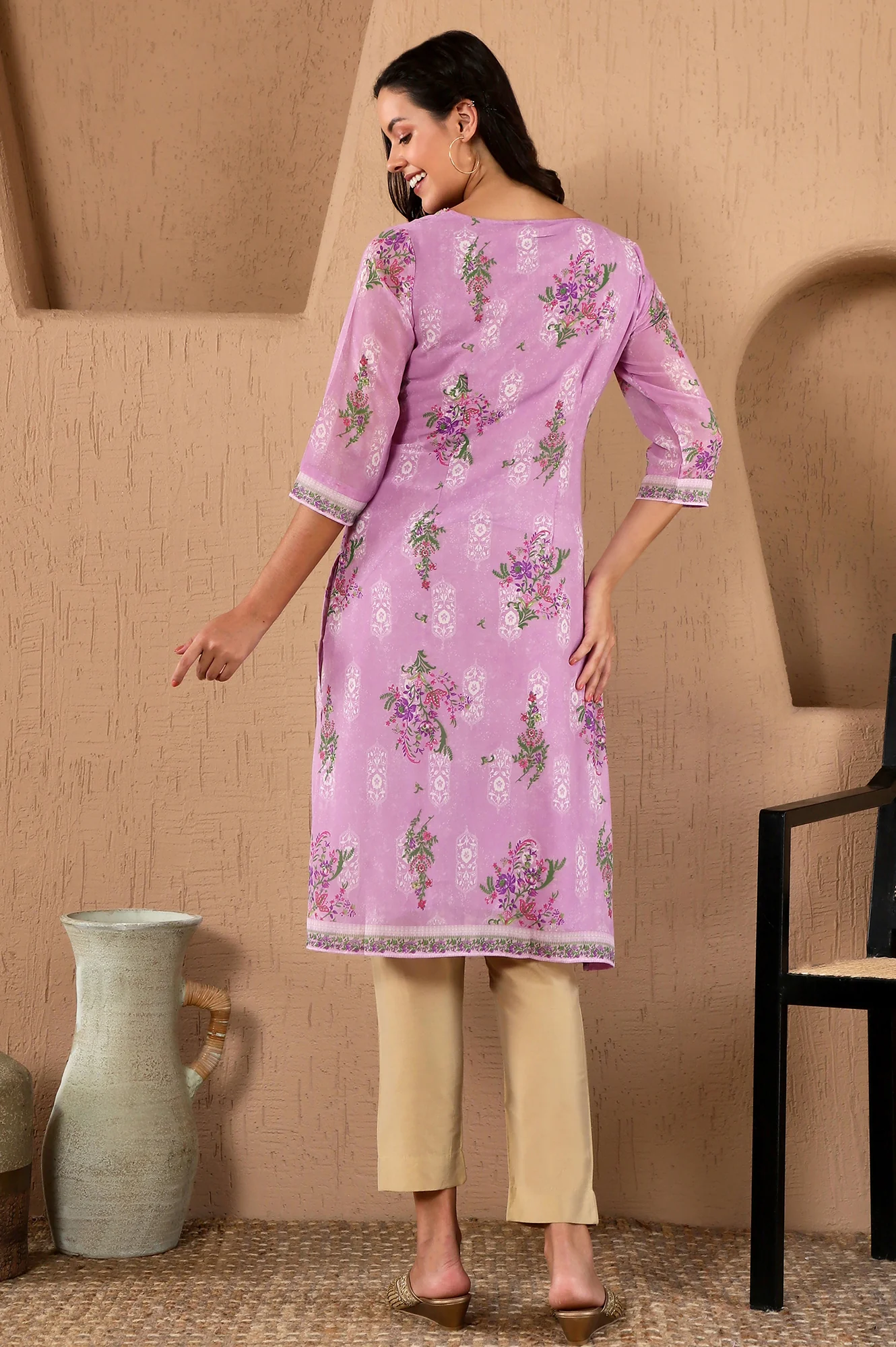 Purple Floral Printed Metallic Sequined Organza Festive Straight Kurta - Image 6