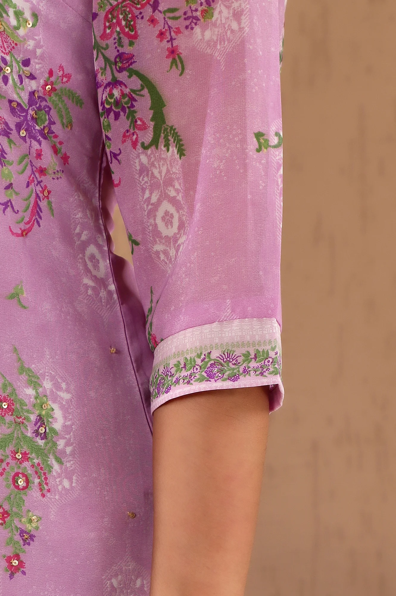 Purple Floral Printed Metallic Sequined Organza Festive Straight Kurta - Image 8