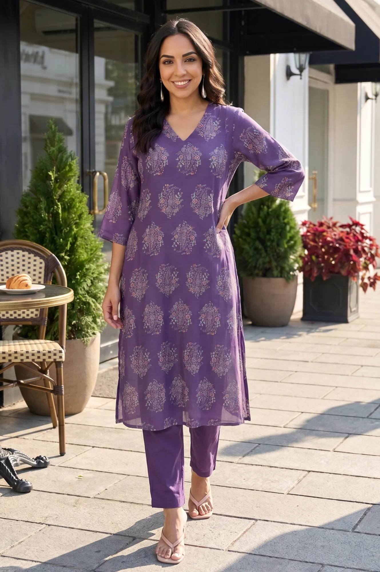 Purple Floral Printed Pure Cotton A-line Kurta