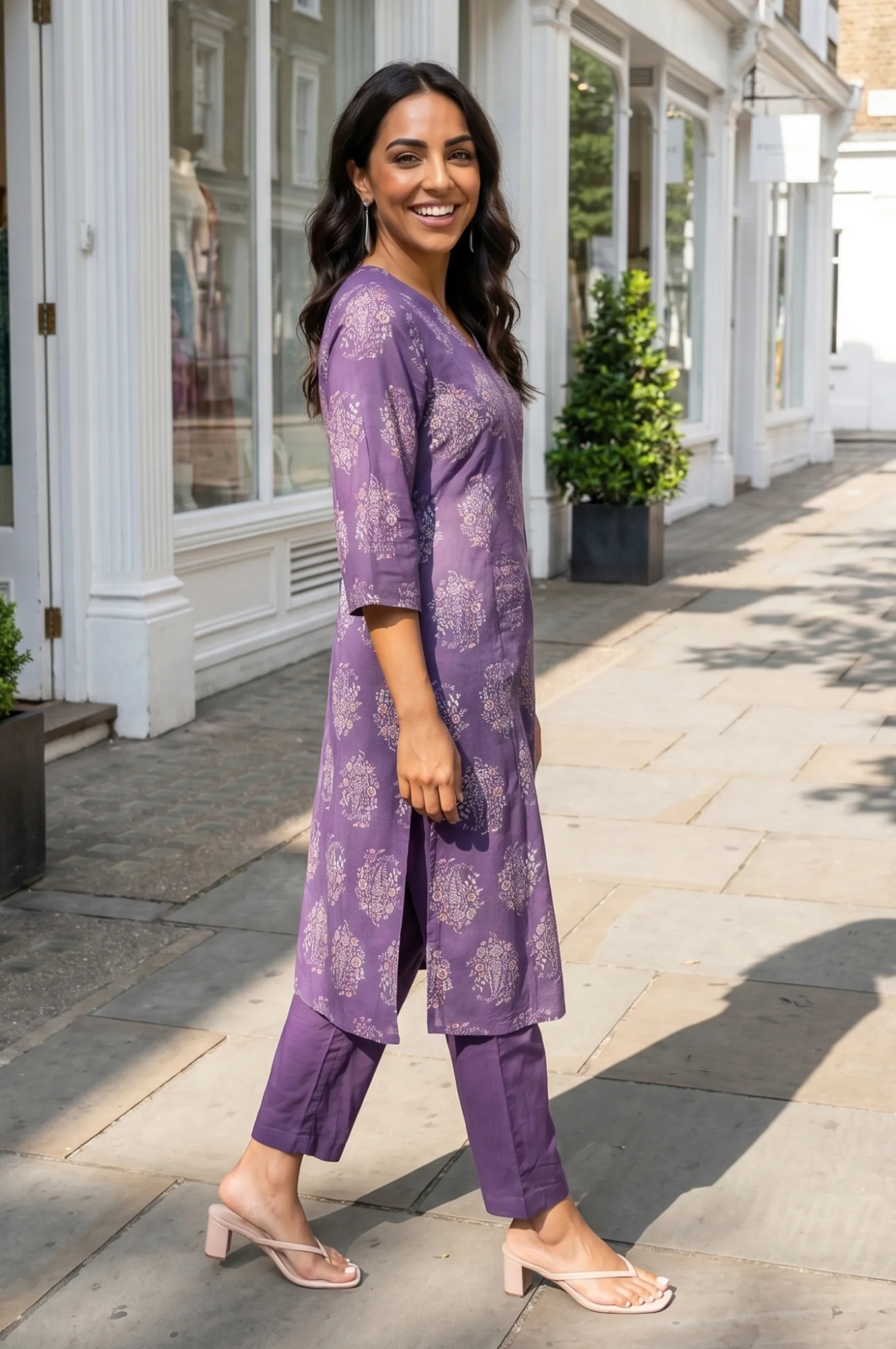 Purple Floral Printed Pure Cotton A-line Kurta - Image 6