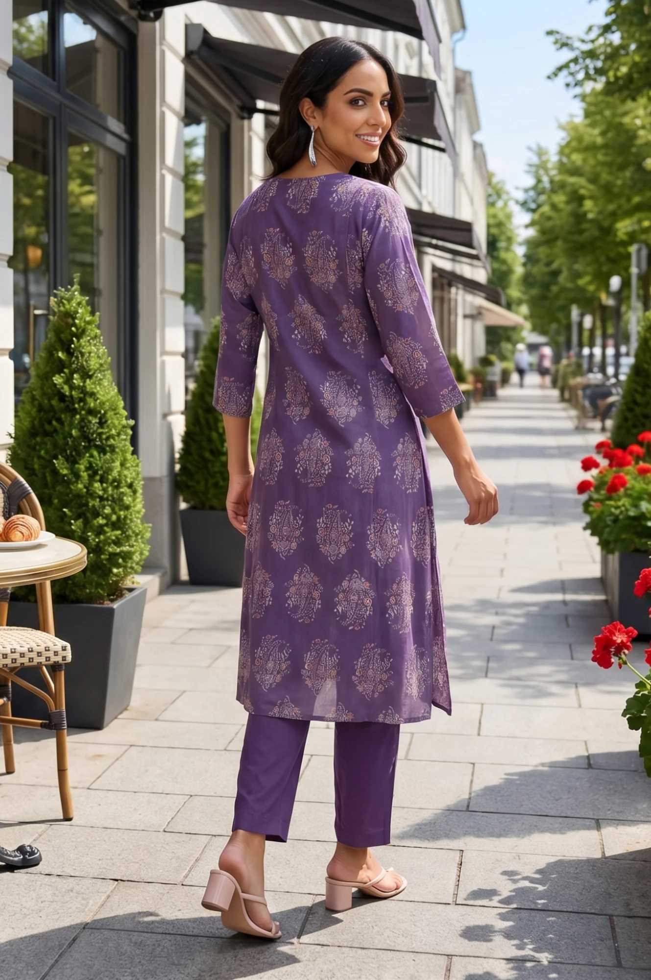 Purple Floral Printed Rayon A-line Kurta with Pants Co-ord Set - Image 5