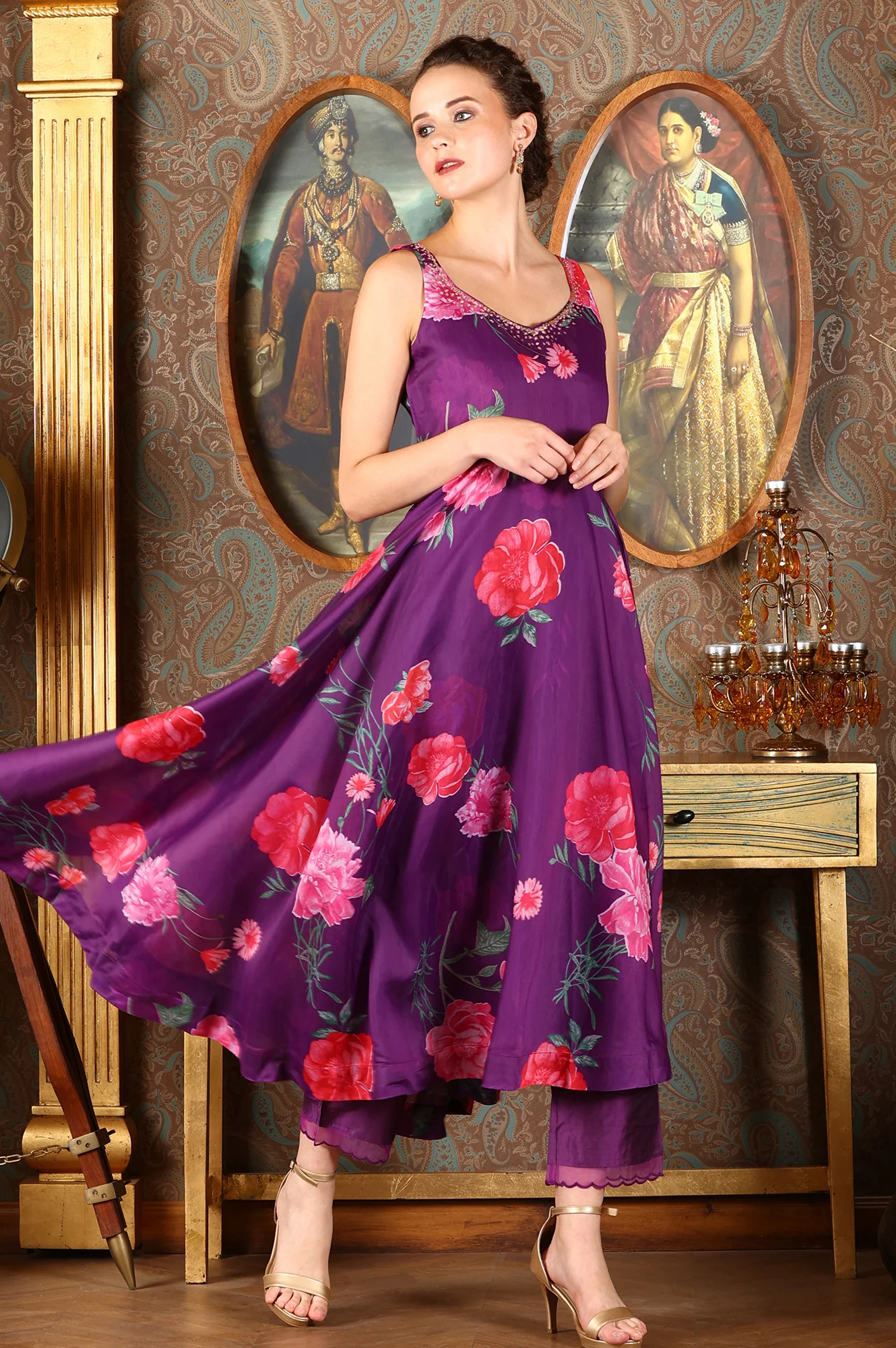 Purple Floral Printed Sequined Circular Flared Kurta, Pants And Dupatta Set - Image 6
