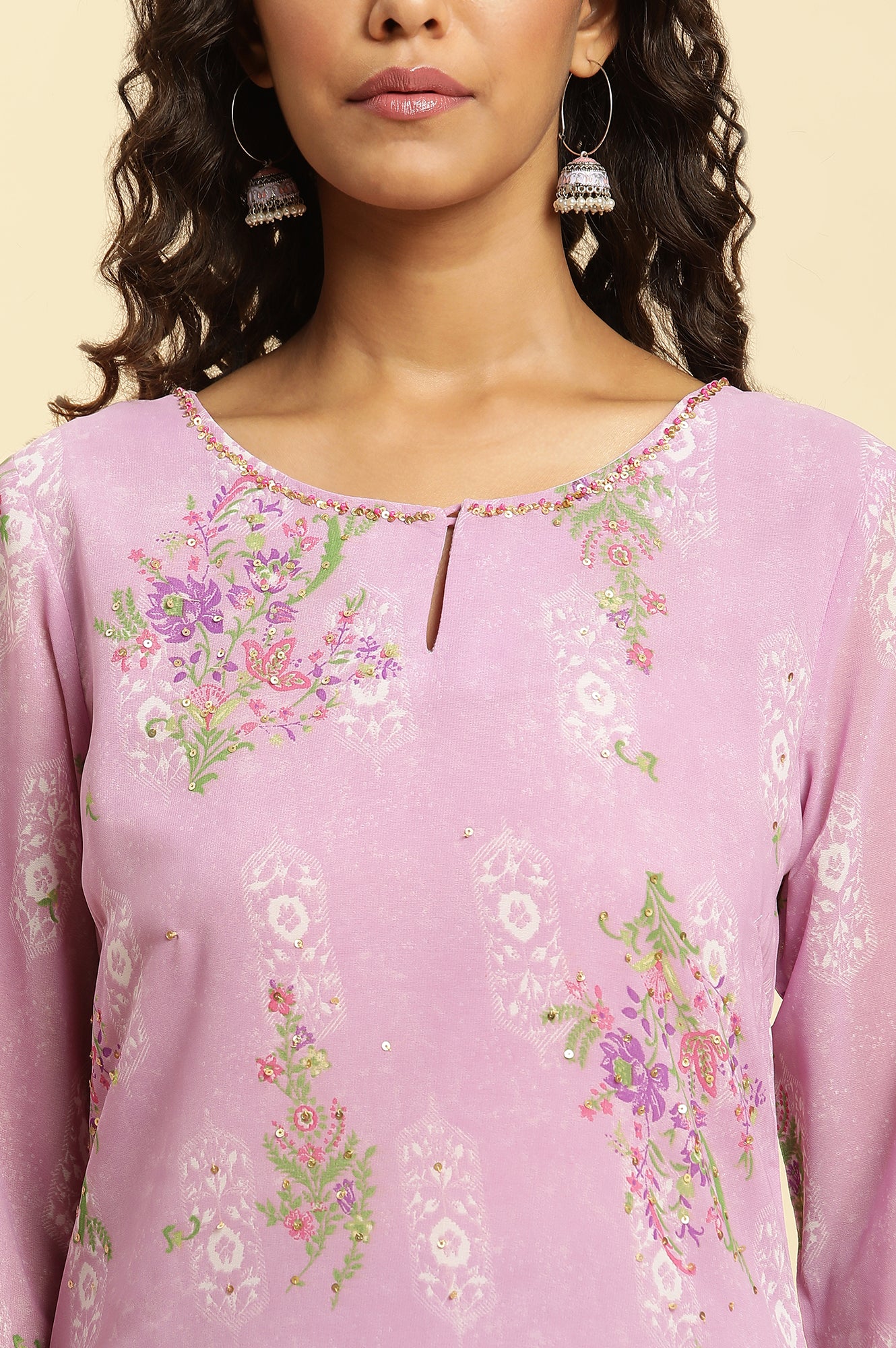 Purple Floral Printed Sequins Georgette Straight Kurta and Parallel Pant Set - Image 2