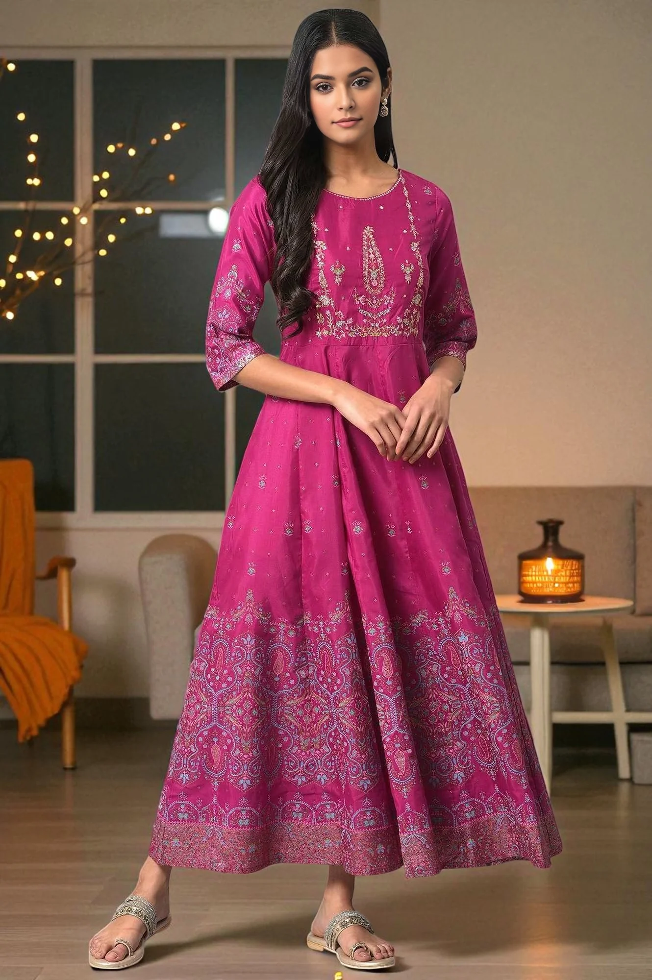 Purple Floral Printed Shantung Dress With Embroidery