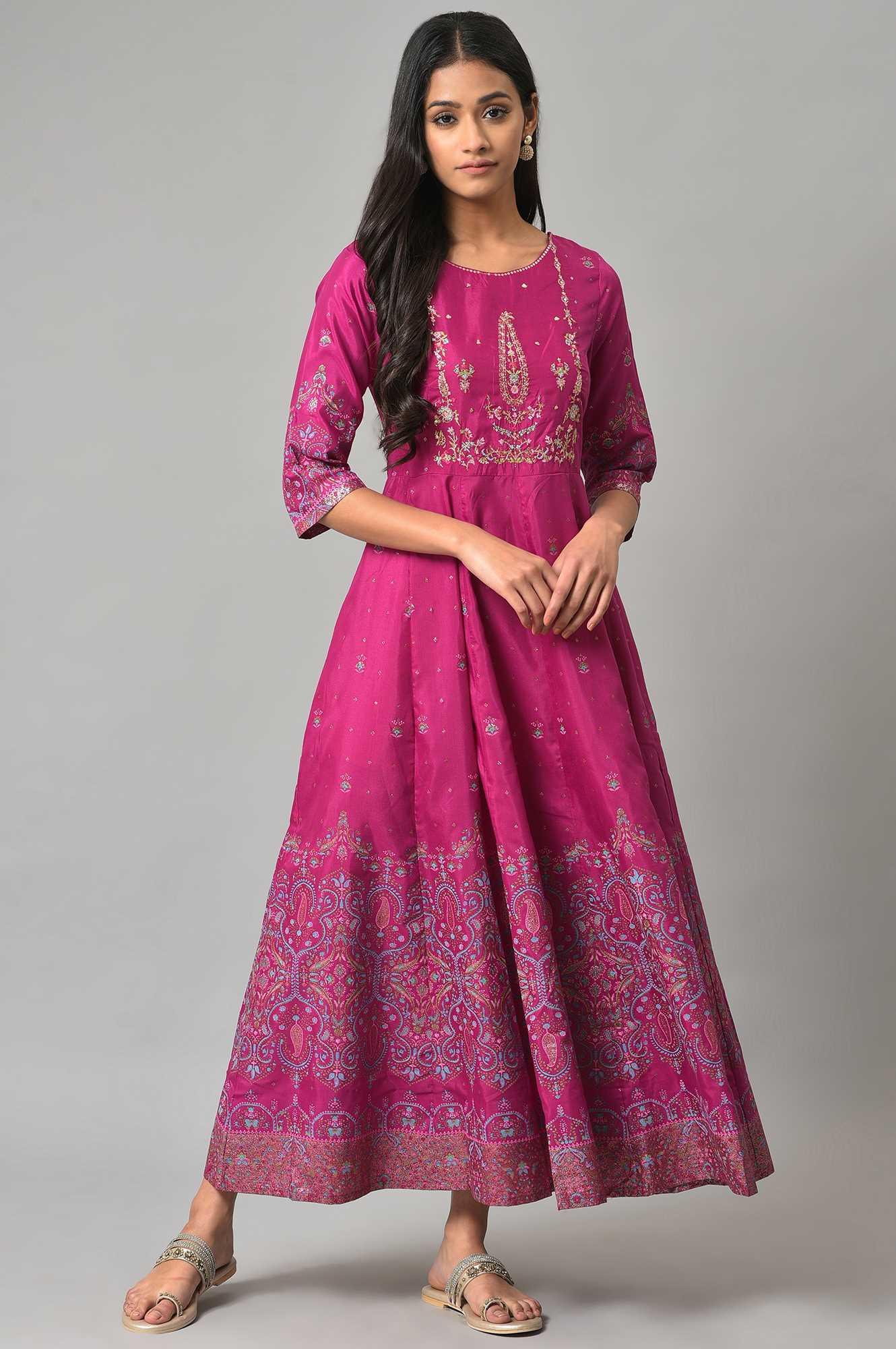 Purple Floral Printed Shantung Dress With Embroidery - Image 2
