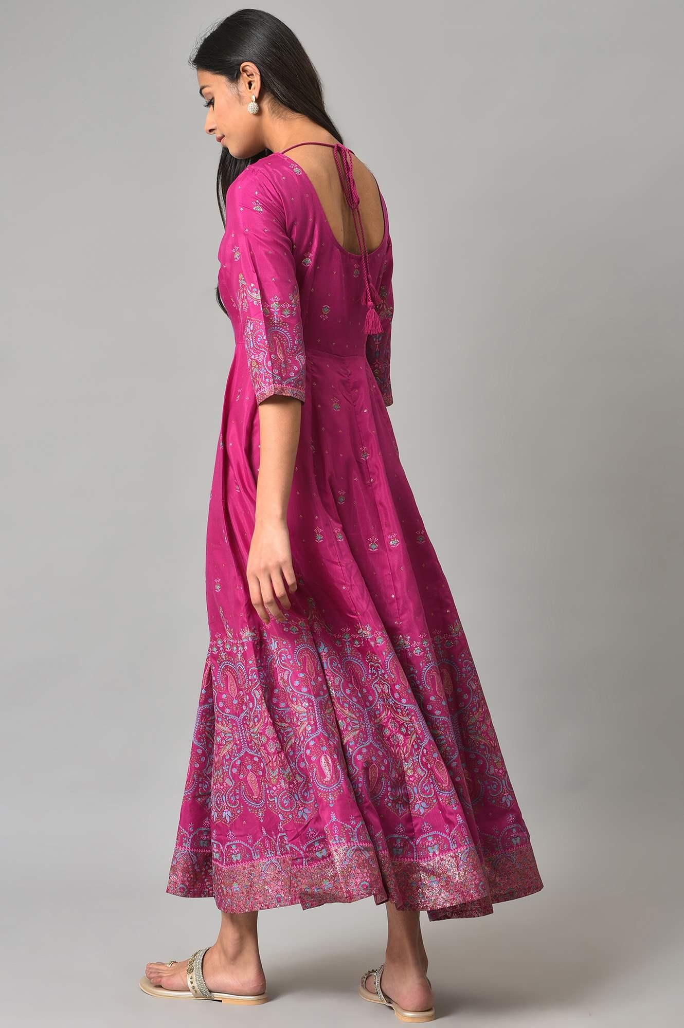 Purple Floral Printed Shantung Dress With Embroidery - Image 3