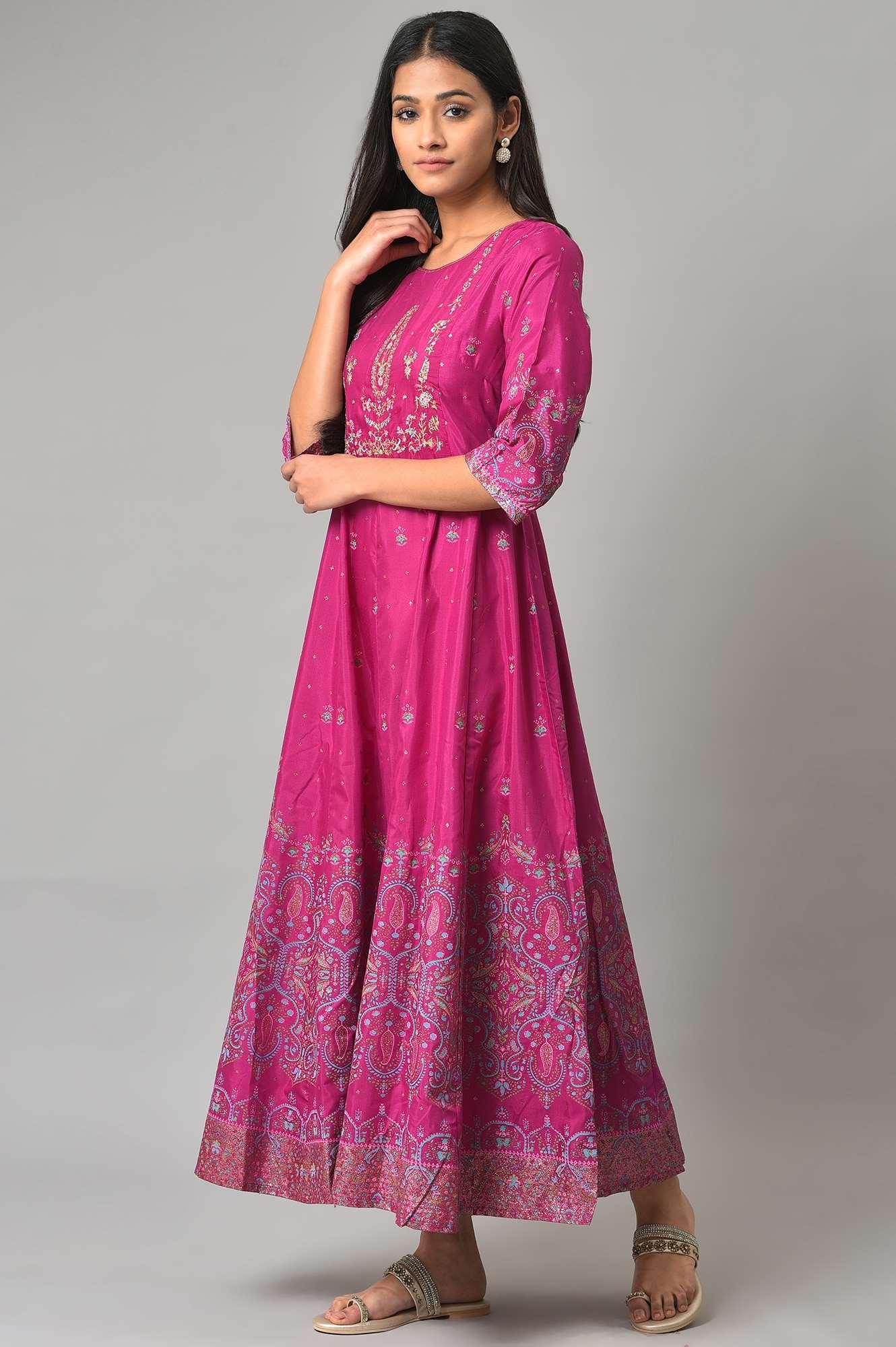 Purple Floral Printed Shantung Dress With Embroidery - Image 4