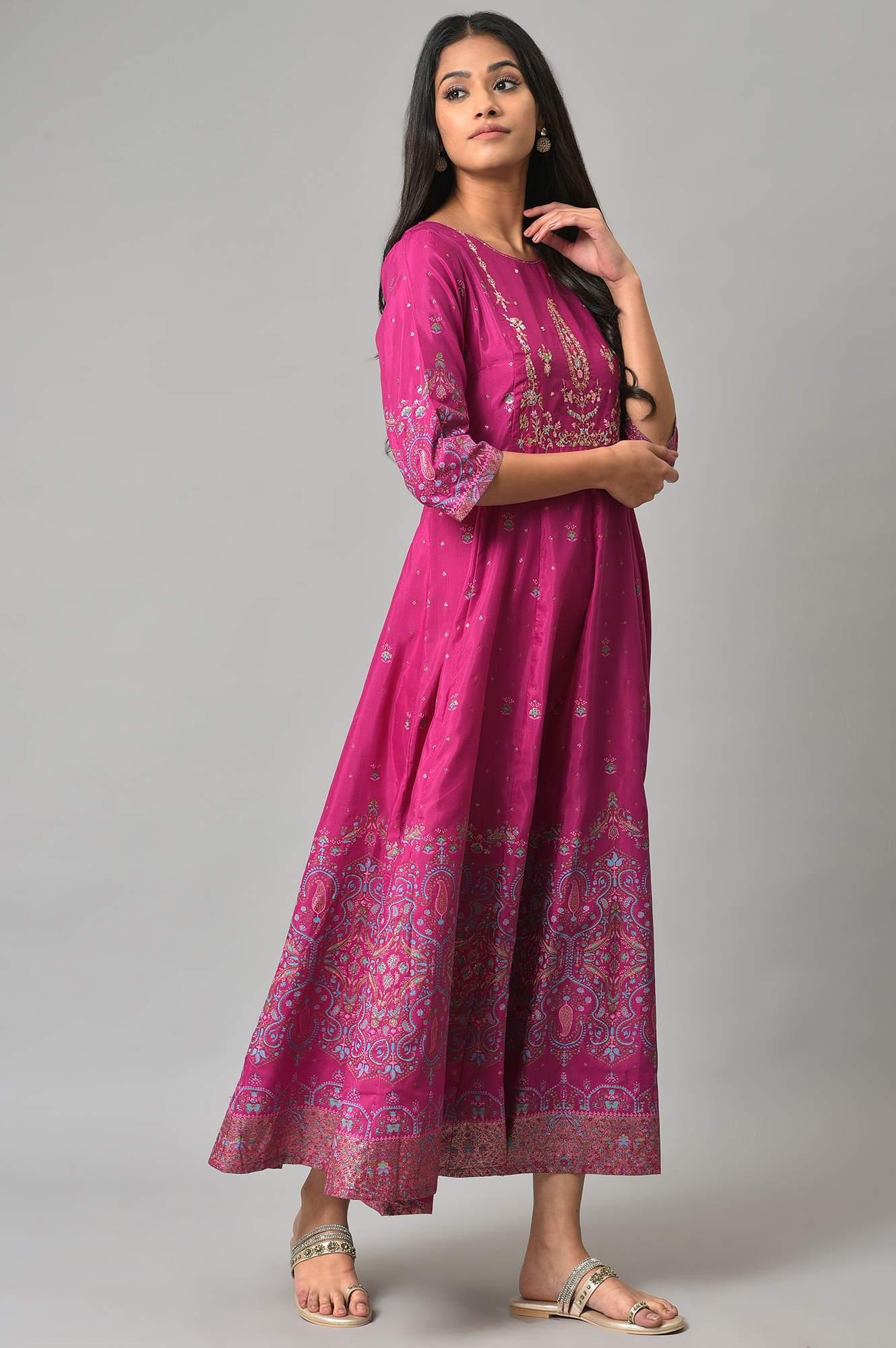 Purple Floral Printed Shantung Dress With Embroidery - Image 5
